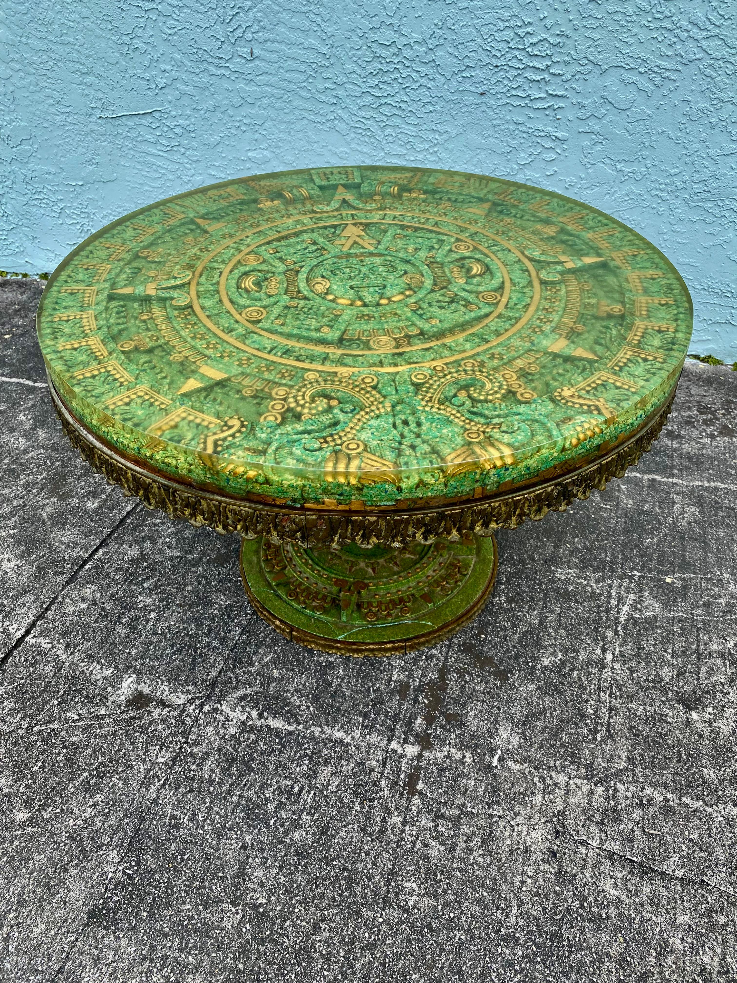 Sculpted Inlay Malachite Brutalist Bronze Wood Stone Resin Aztec Circular Table  For Sale 19