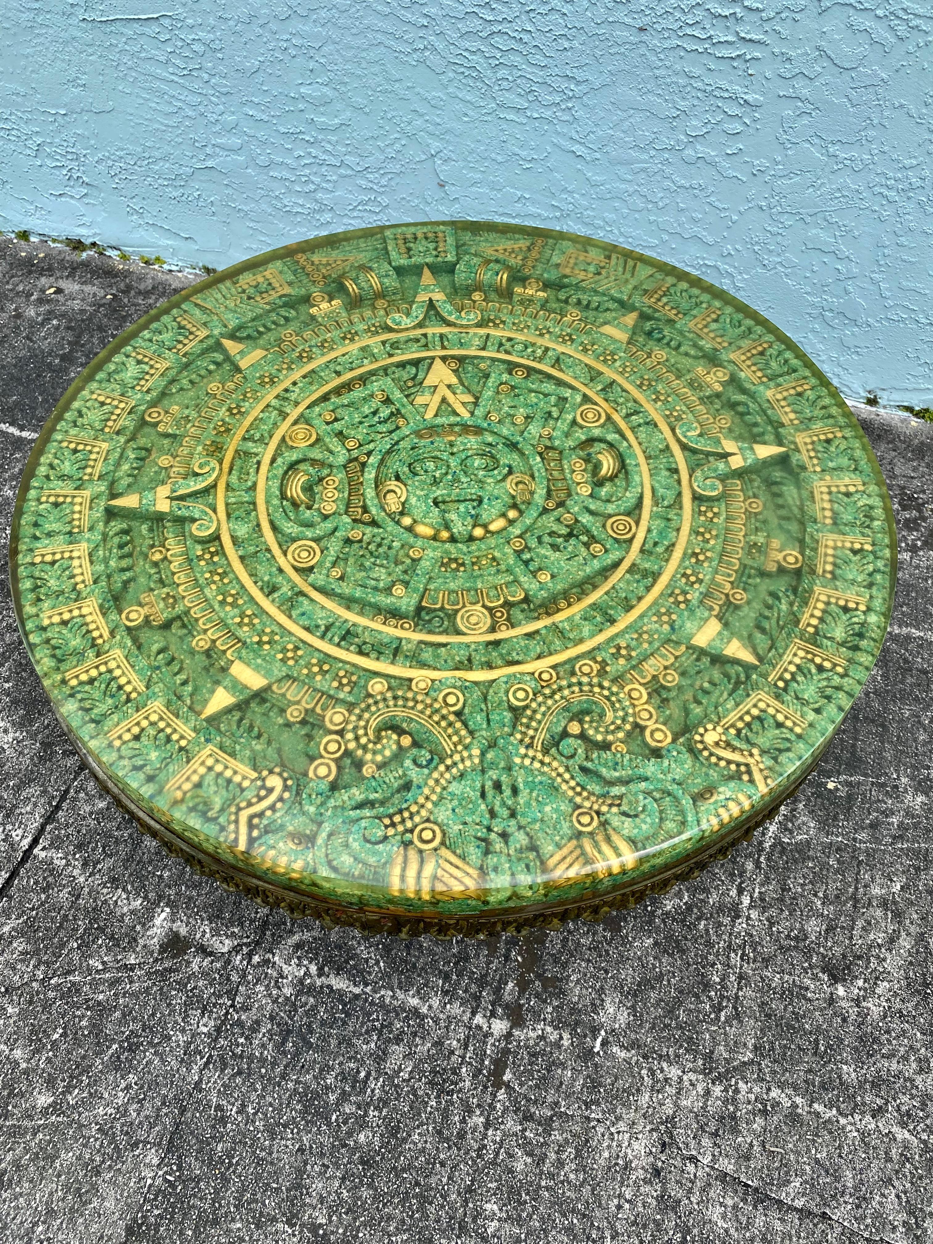 Sculpted Inlay Malachite Brutalist Bronze Wood Stone Resin Aztec Circular Table  For Sale 20