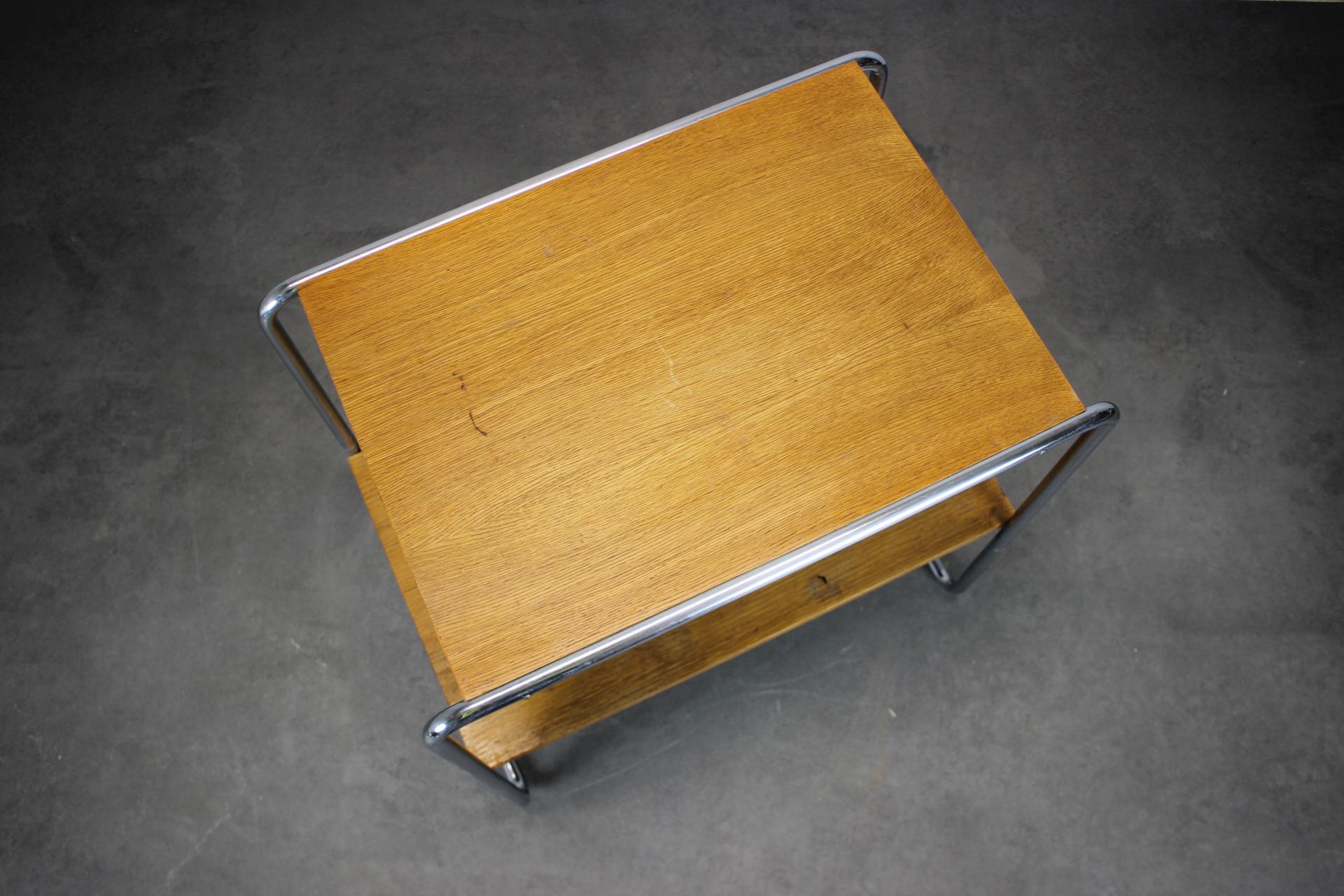 - In good original condition. - Made in Czechoslovakia. - The wood has been cleaned and subsequently treated with revitalizing oil. - Visible signs of use (scratches, scuffs, etc.). - Stable and sturdy. The chrome shows signs of age, patina
