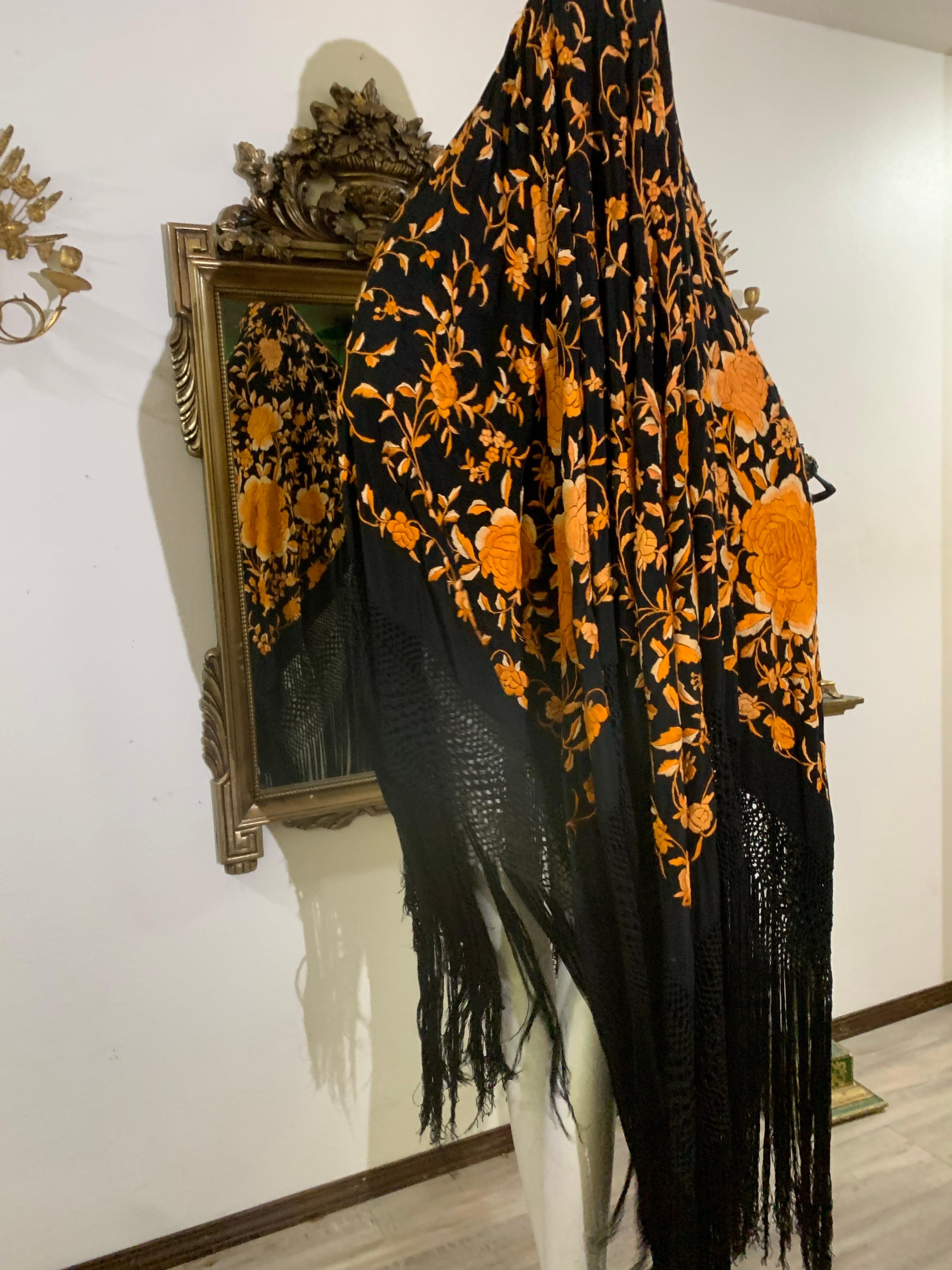 1930s Marigold Embroidered Black Silk Piano Shawl with Long Fringe All Around For Sale 6