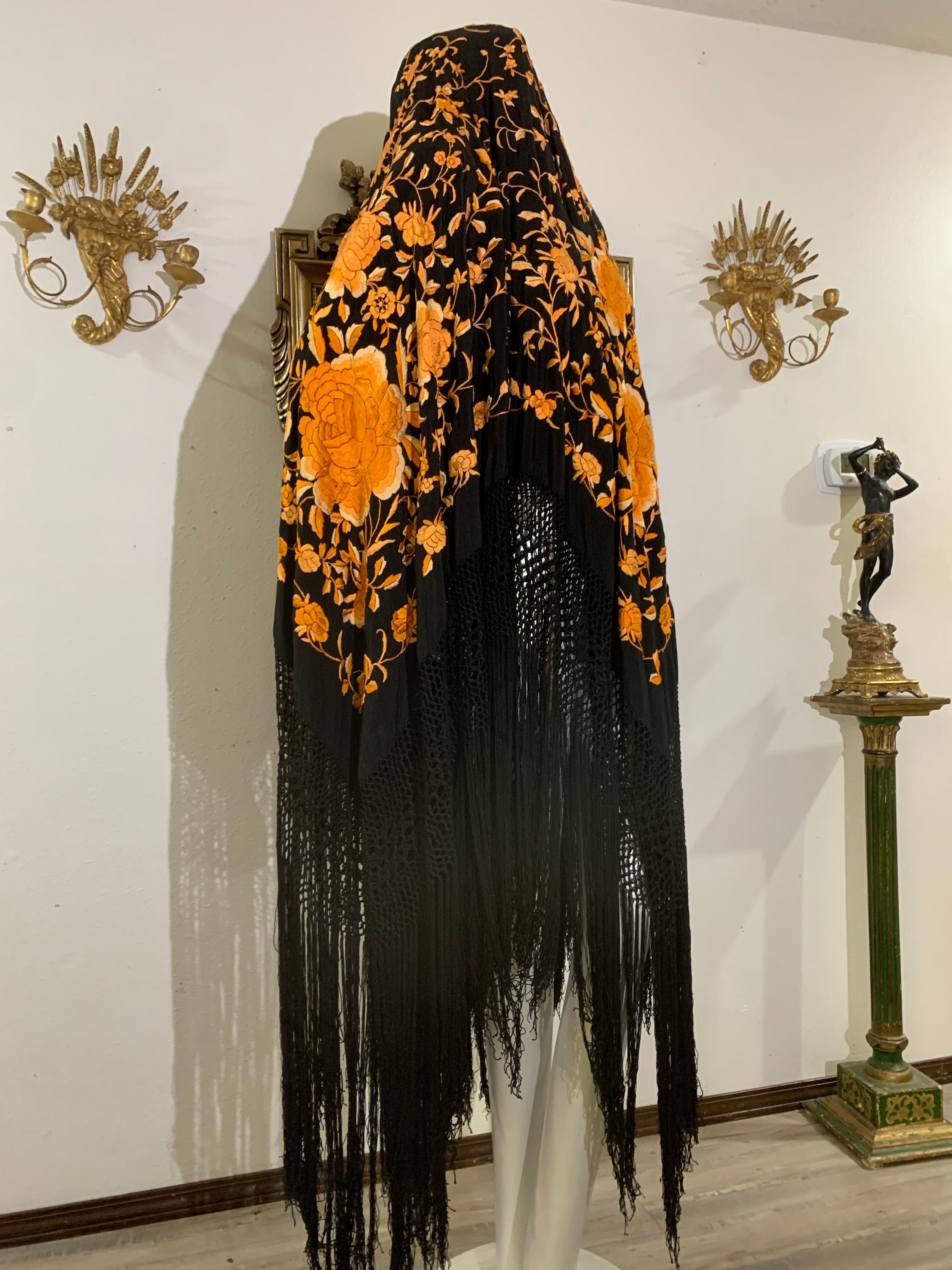 1930s Marigold Embroidered Black Silk Piano Shawl with Long Fringe All Around For Sale 7