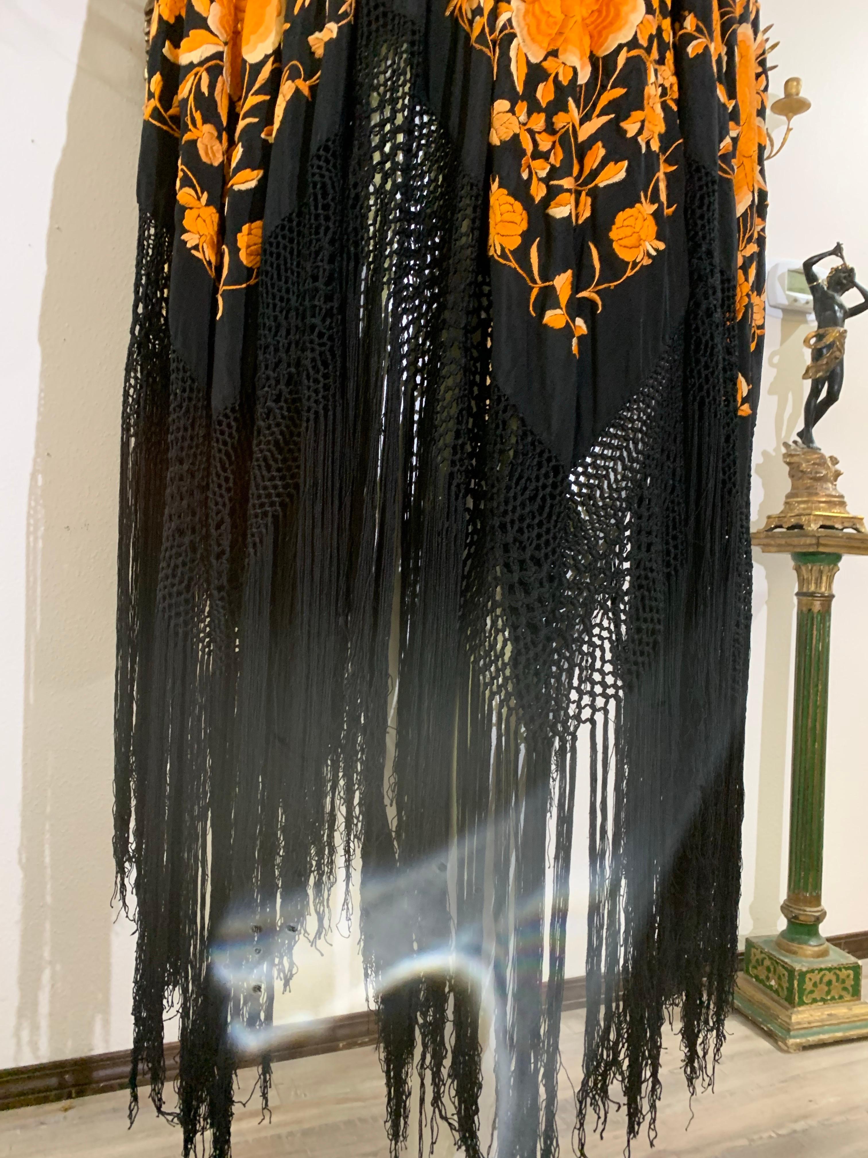 1930s Marigold Embroidered Black Silk Piano Shawl with Long Fringe All Around For Sale 8