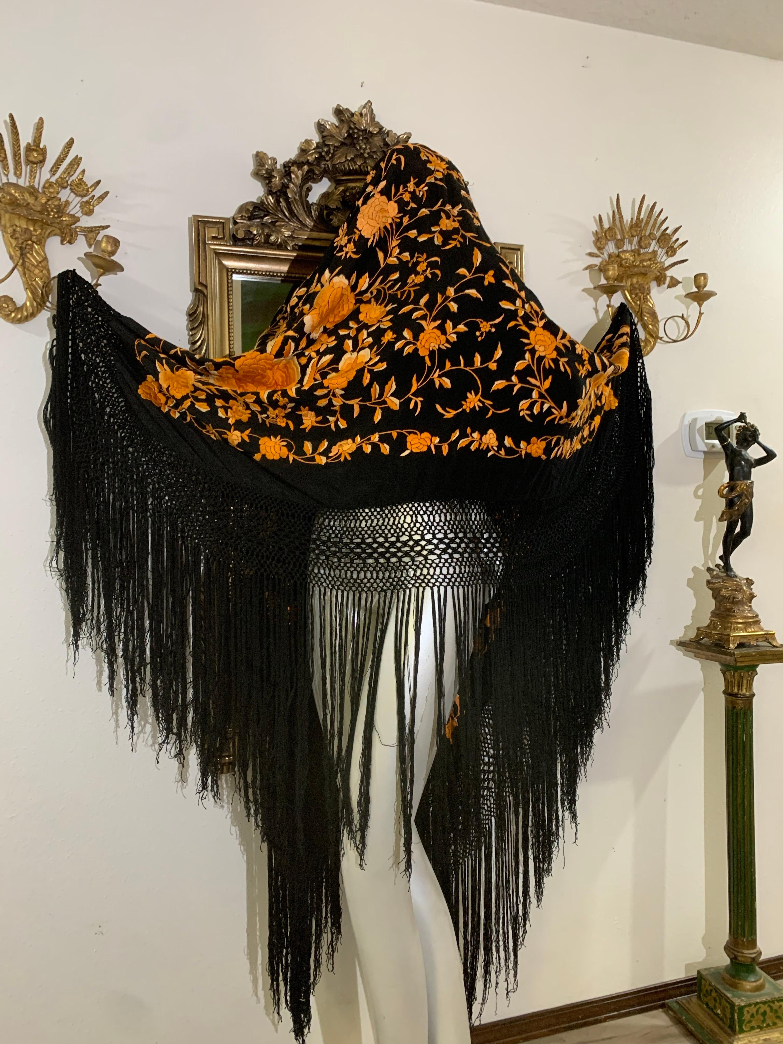 1930s Marigold Embroidered Black Silk Piano Shawl with Long Fringe All Around For Sale 10