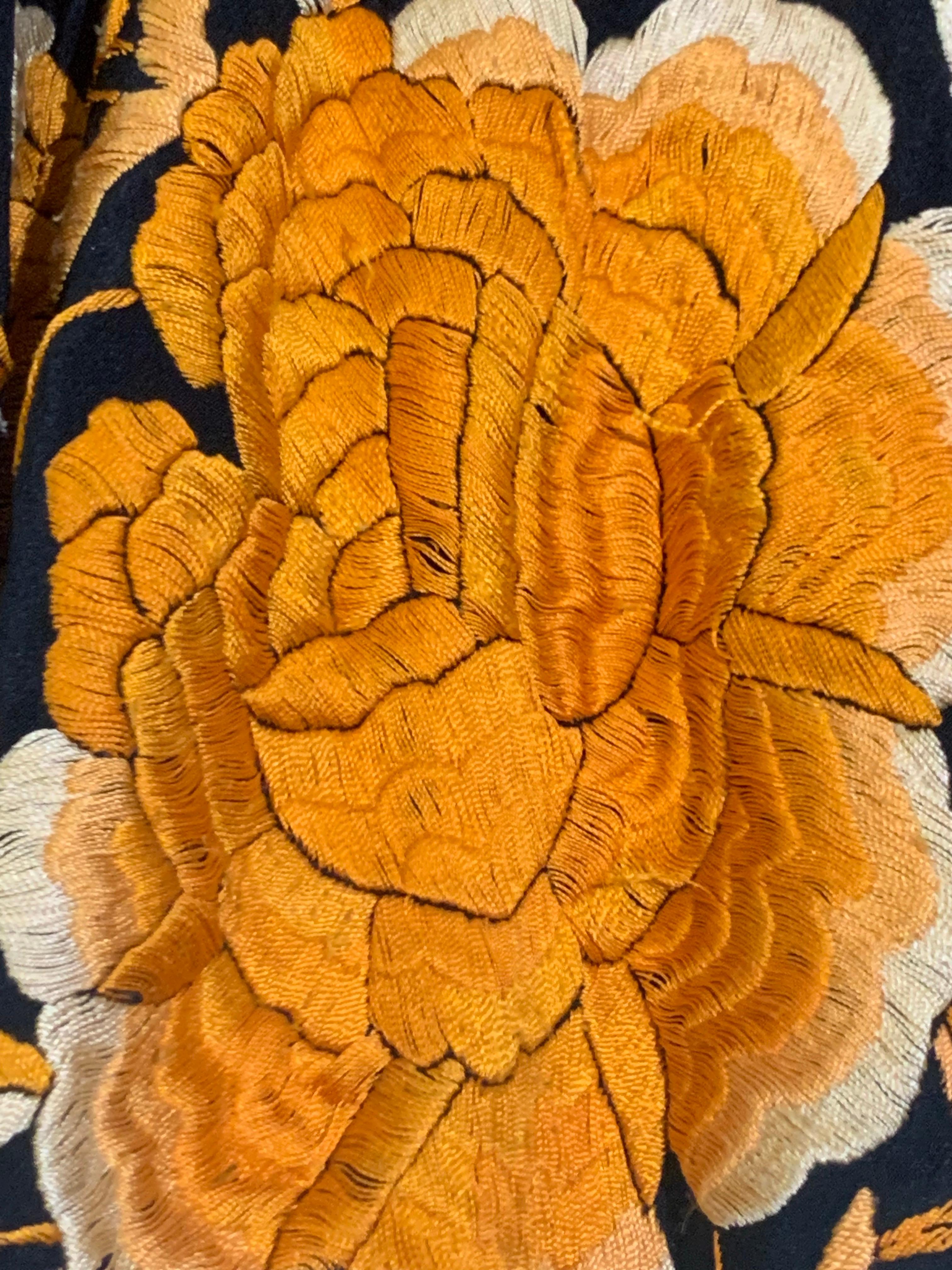 1930s Marigold Embroidered Black Silk Piano Shawl with Long Fringe All Around For Sale 12