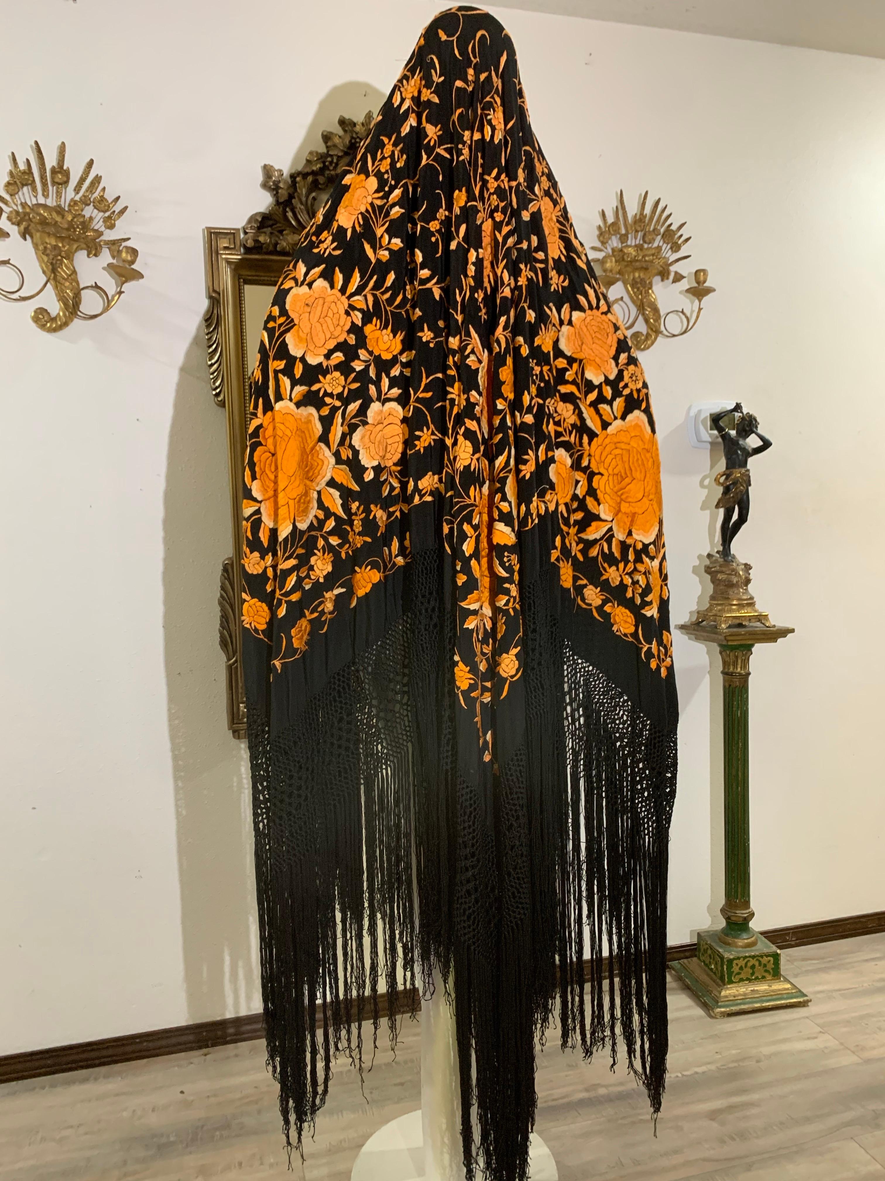 1930s Marigold Embroidered Black Silk Piano Shawl with Long Fringe All Around In Excellent Condition For Sale In Gresham, OR