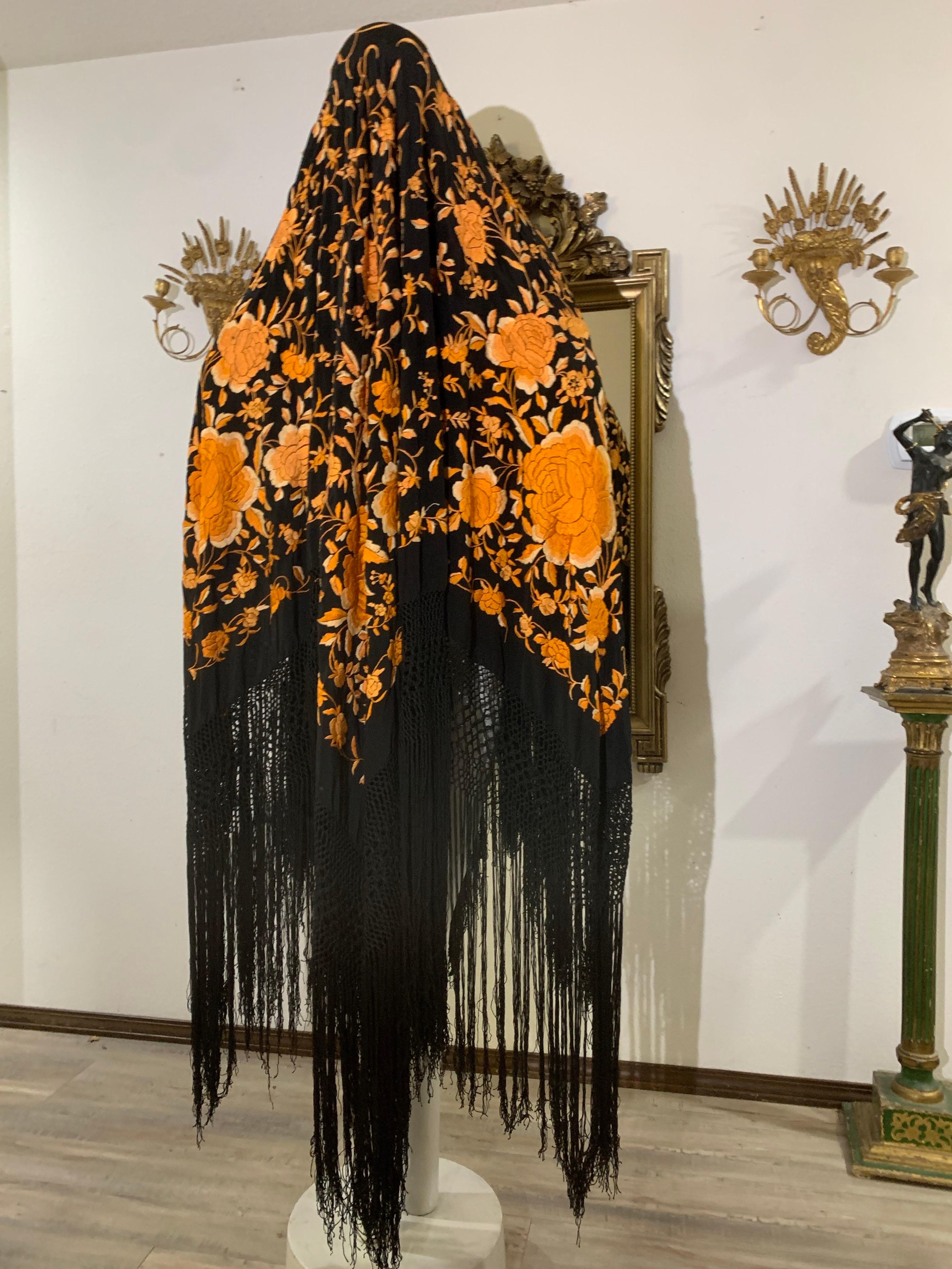 Women's 1930s Marigold Embroidered Black Silk Piano Shawl with Long Fringe All Around For Sale