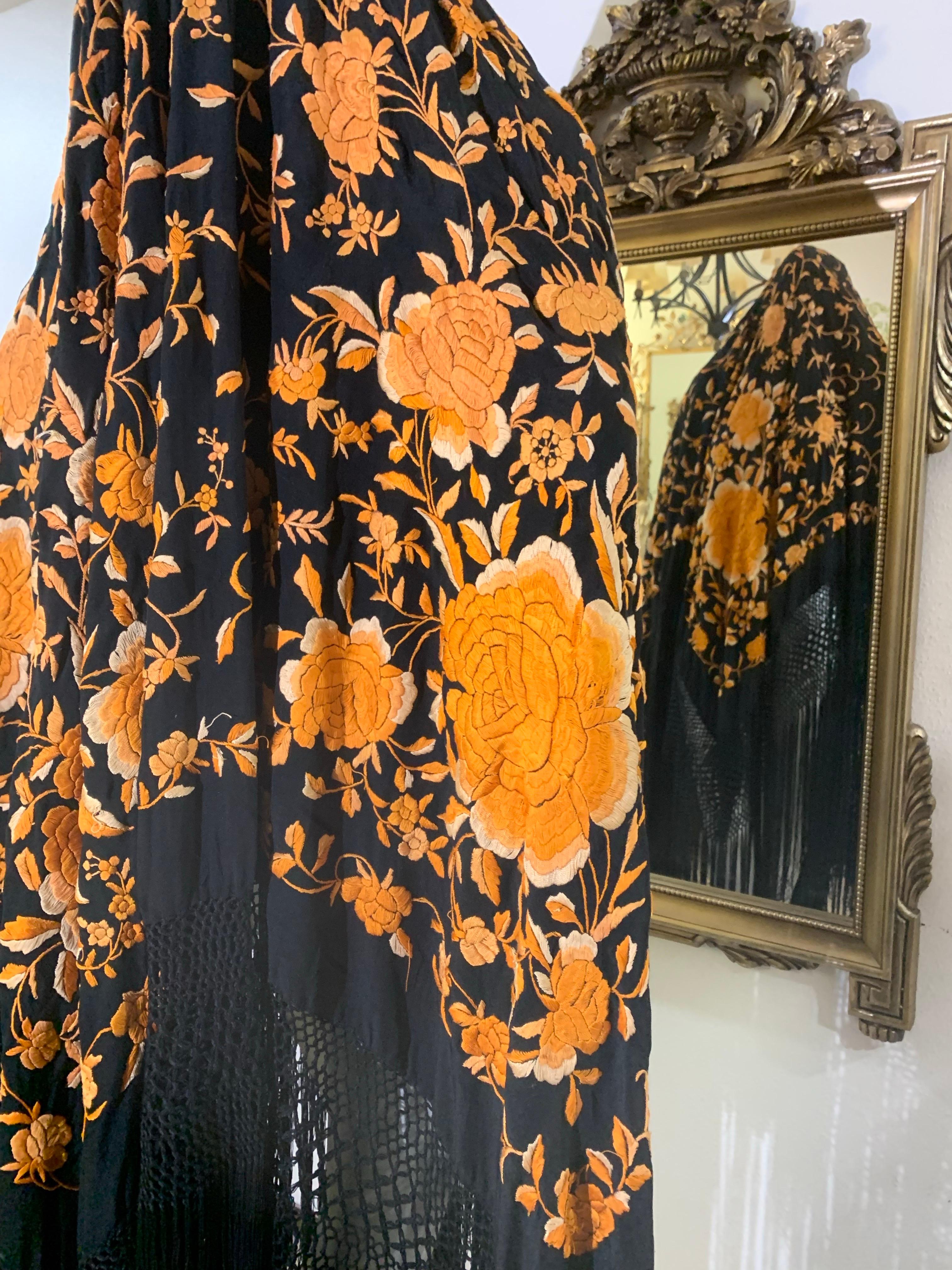 1930s Marigold Embroidered Black Silk Piano Shawl with Long Fringe All Around For Sale 1