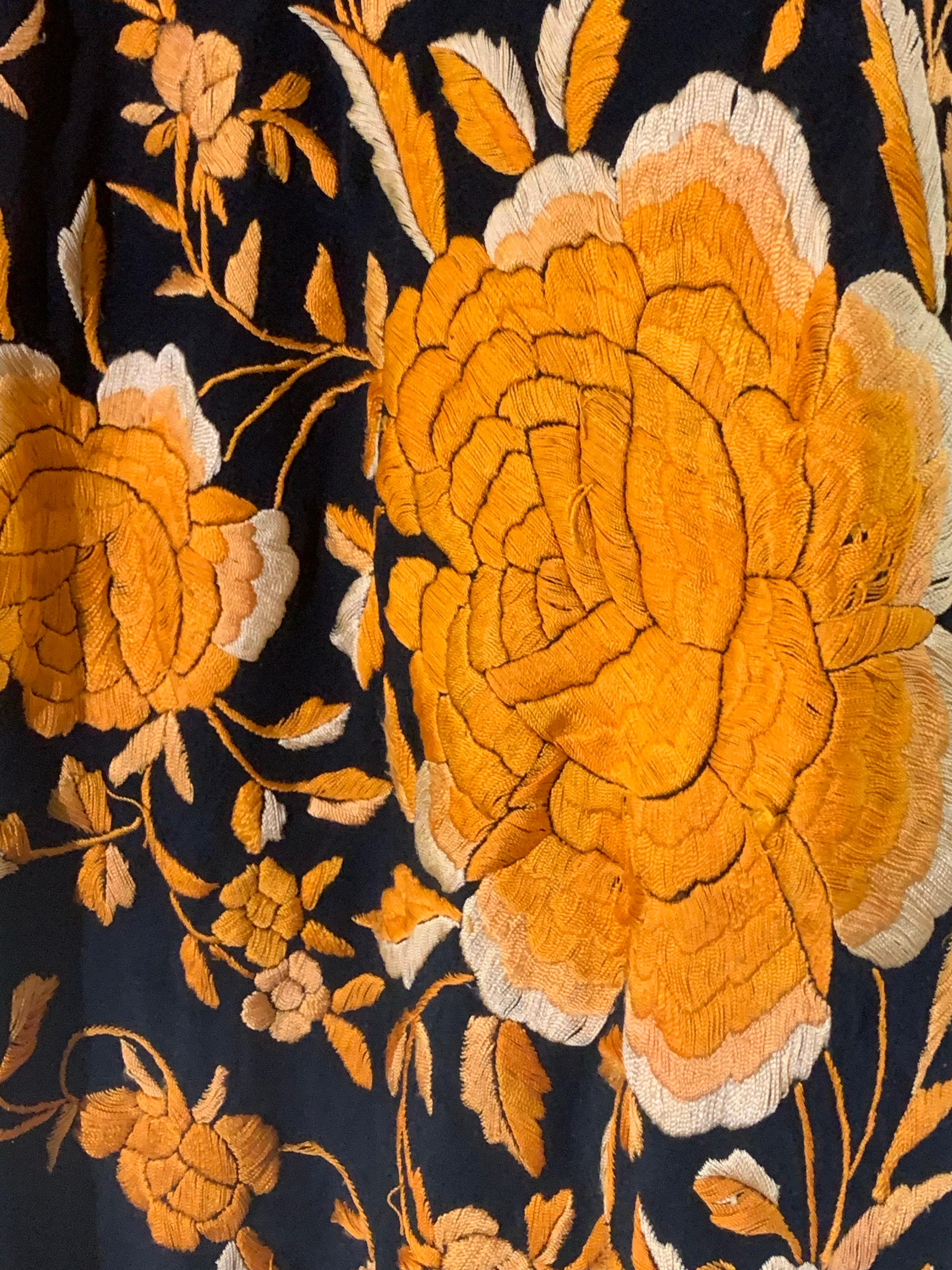 1930s Marigold Embroidered Black Silk Piano Shawl with Long Fringe All Around For Sale 2