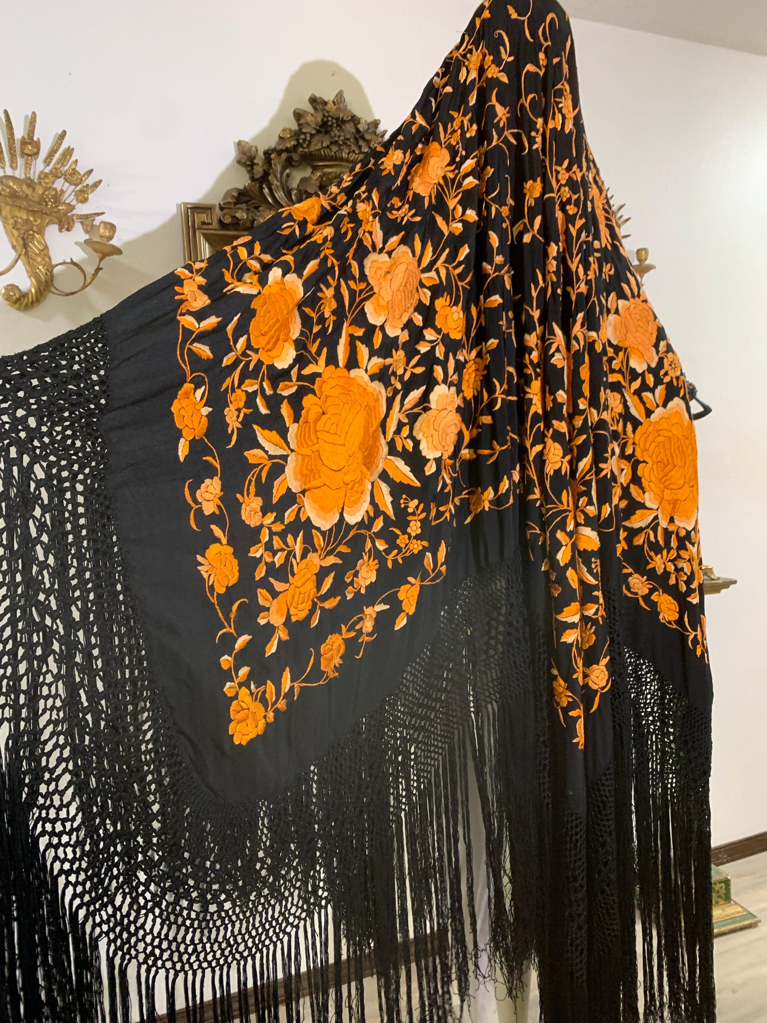 1930s Marigold Embroidered Black Silk Piano Shawl with Long Fringe All Around For Sale 5