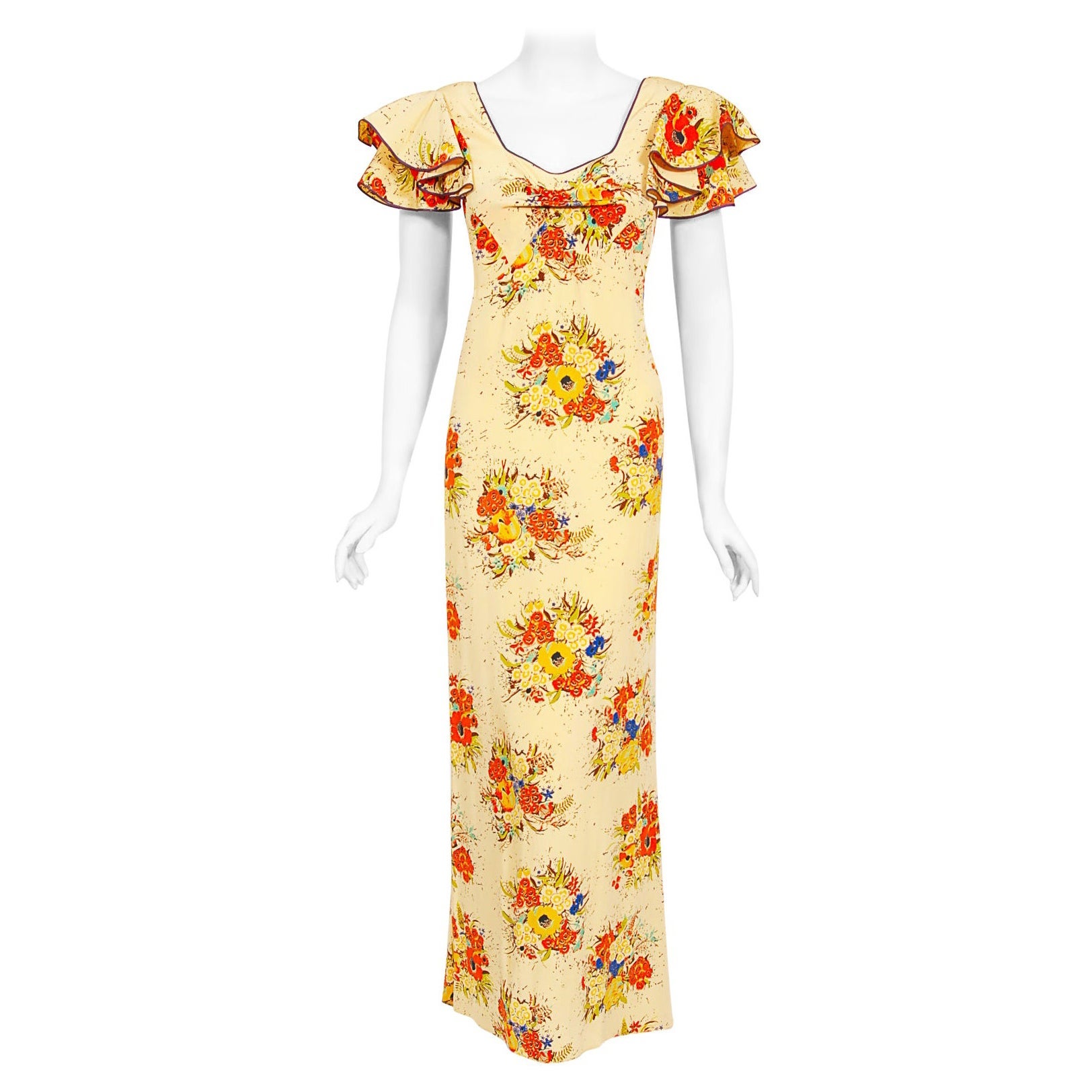 1930
s Marigold Floral Garden Print Silk Flutter-Sleeve Ruffle Skirt Maxi Dress For Sale