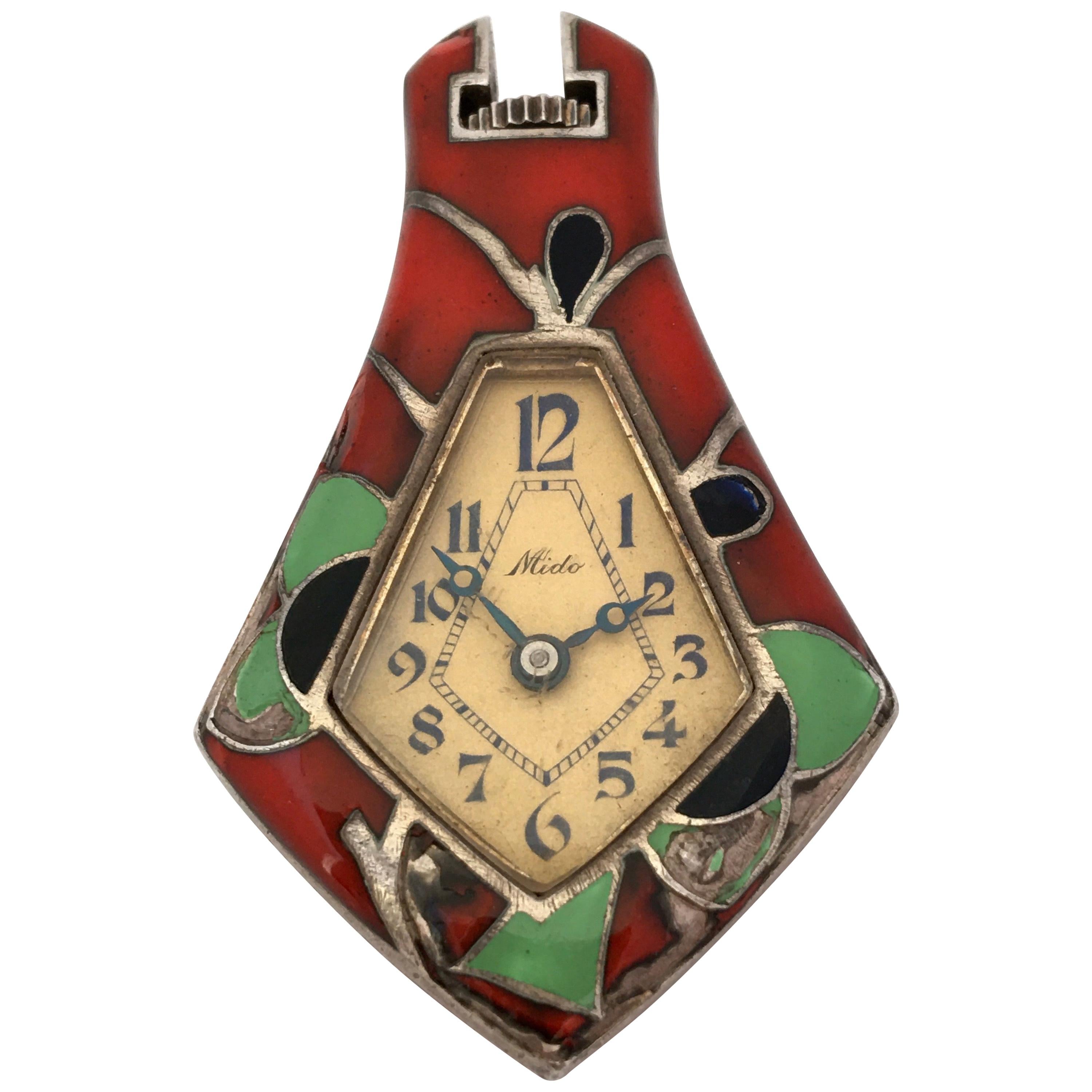 1930s Mechanical Silver and Enamel Mido Vintage Pendant Watch For Sale