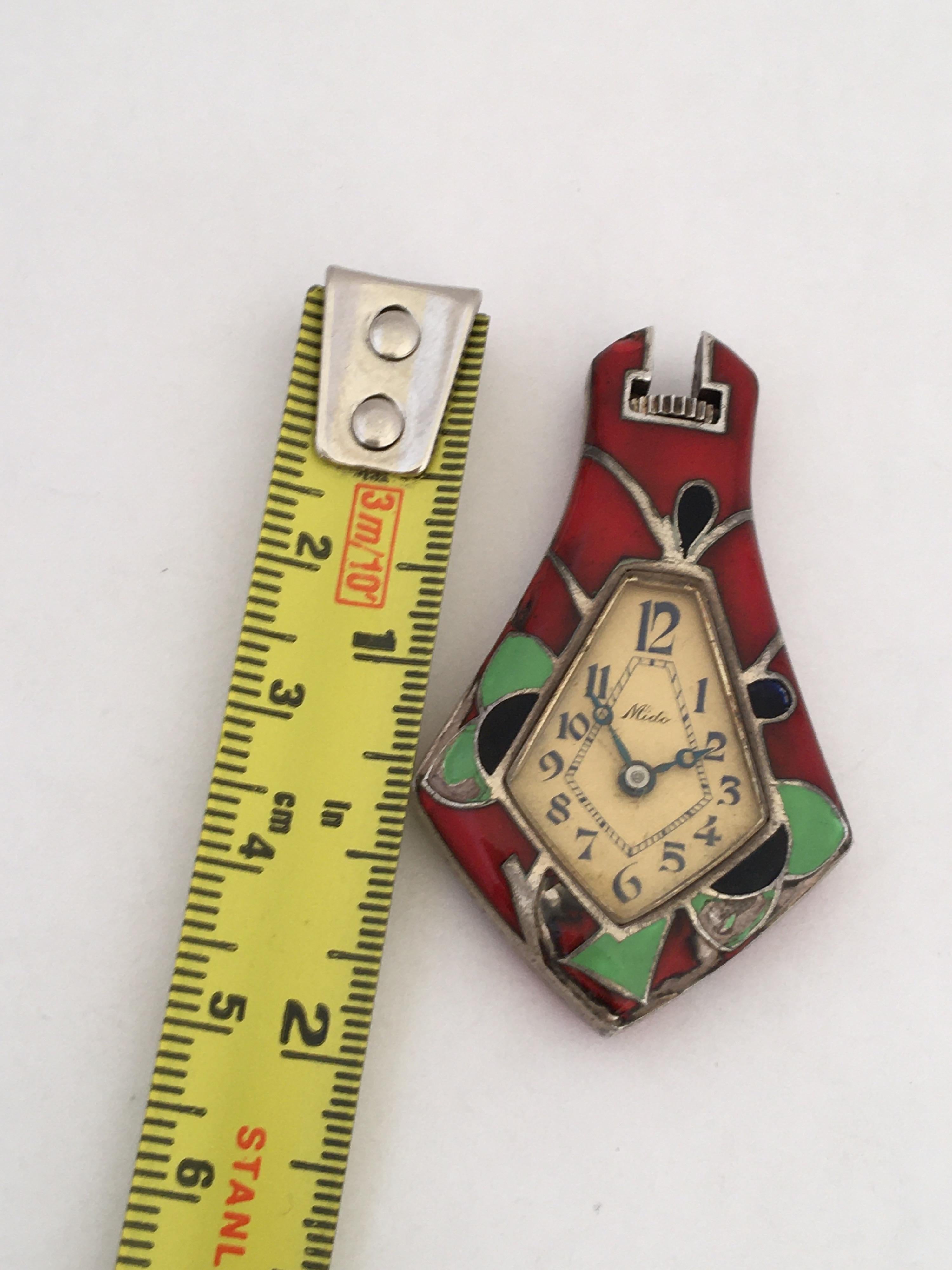 Art Deco 1930s Mechanical Silver and Enamel Mido Vintage Pendant Watch For Sale