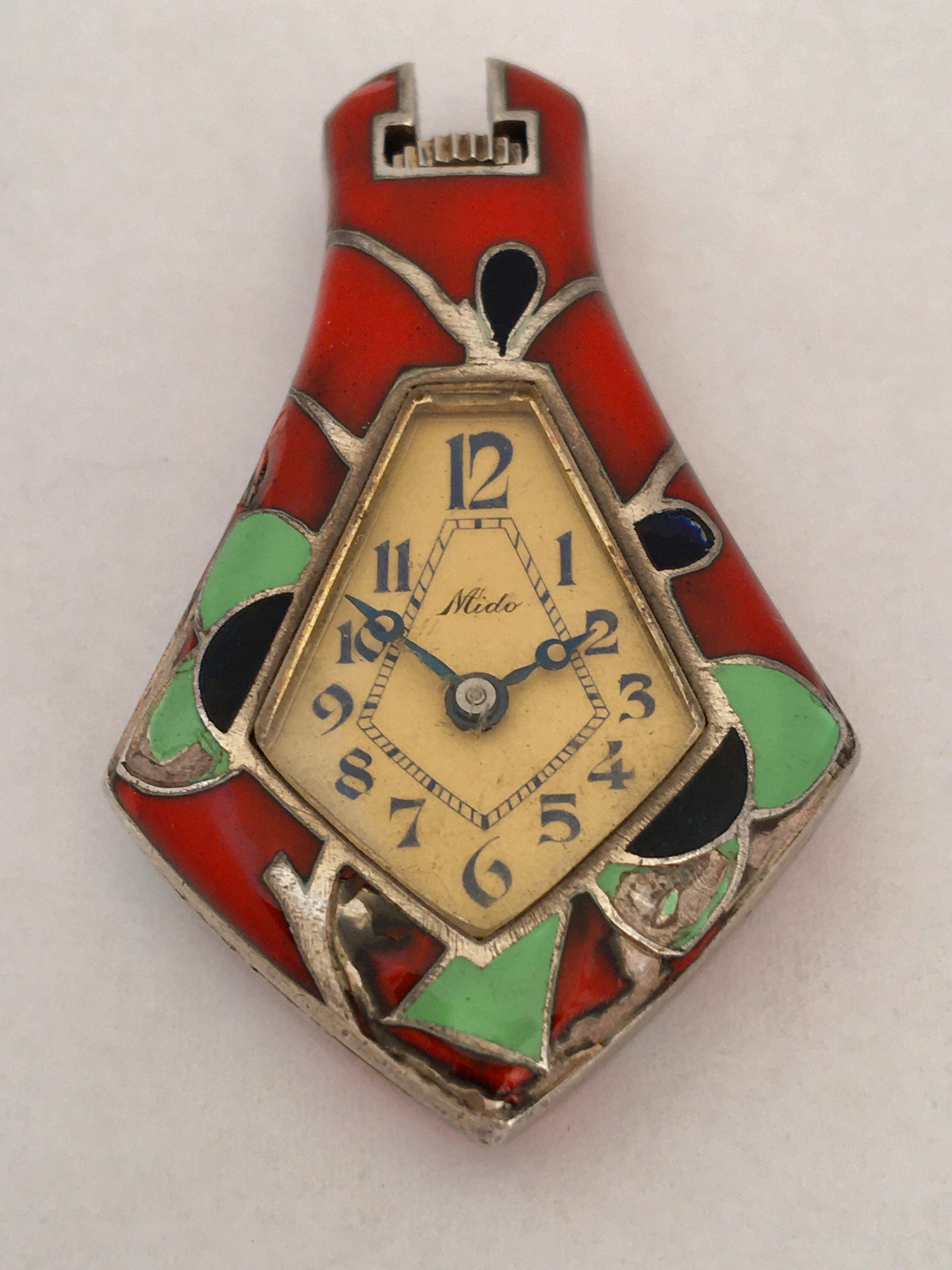 Women's or Men's 1930s Mechanical Silver and Enamel Mido Vintage Pendant Watch For Sale