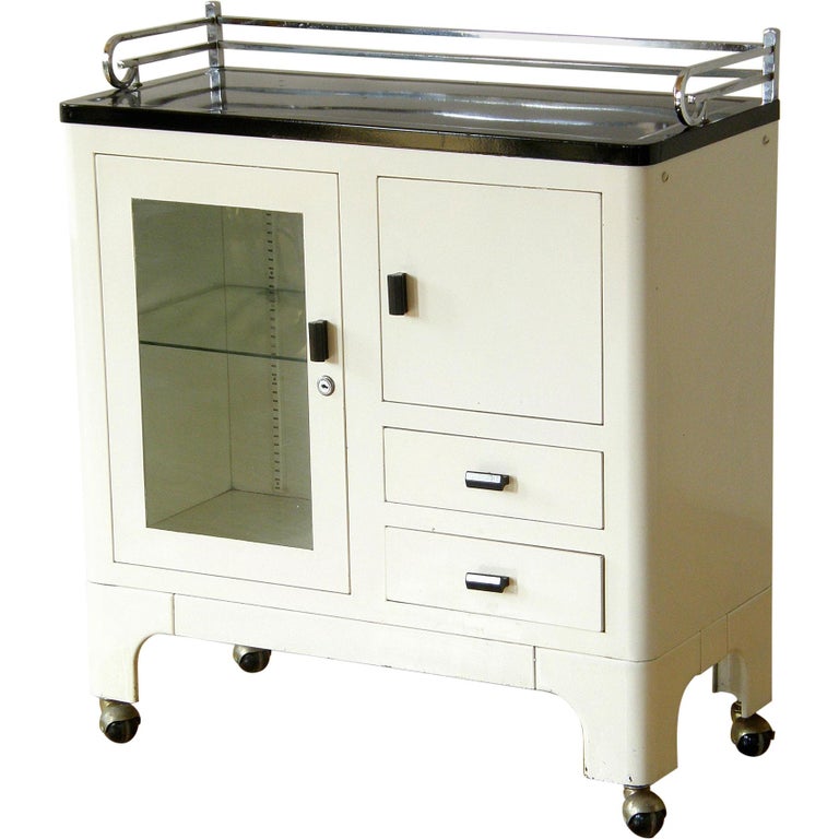 1930s Medical Storage Cabinet White Black Enamel Steel Glass Door