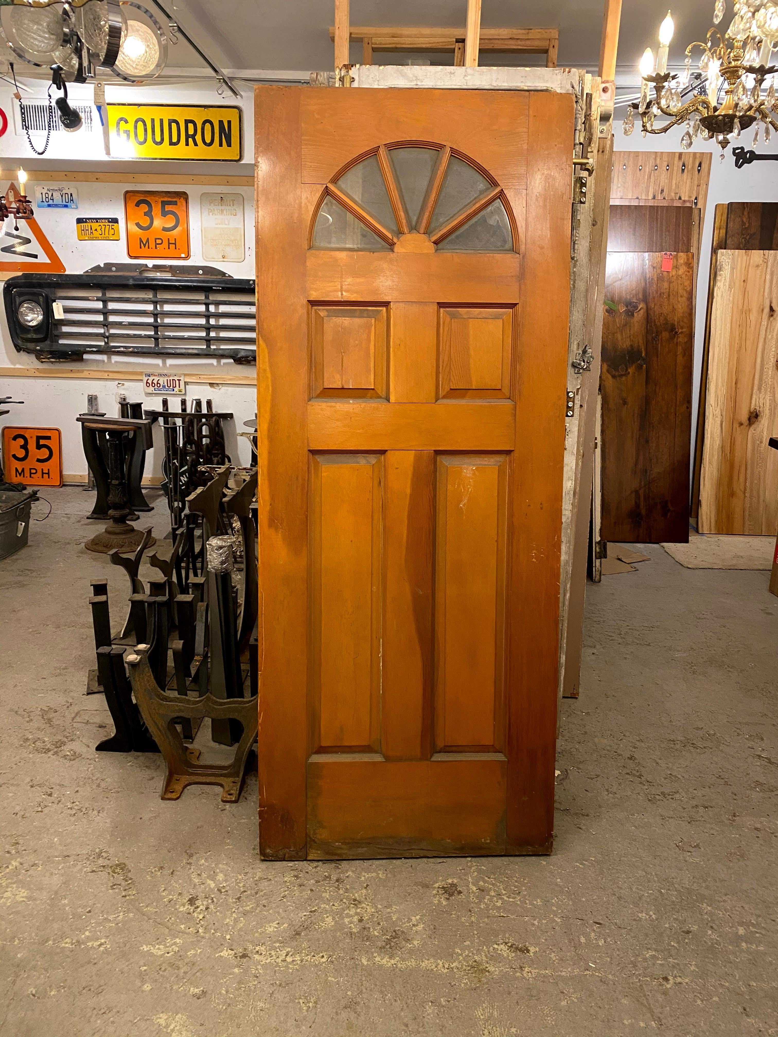 American 1930s Medium Tone Entry Door with Fan Shaped Glass Panes
