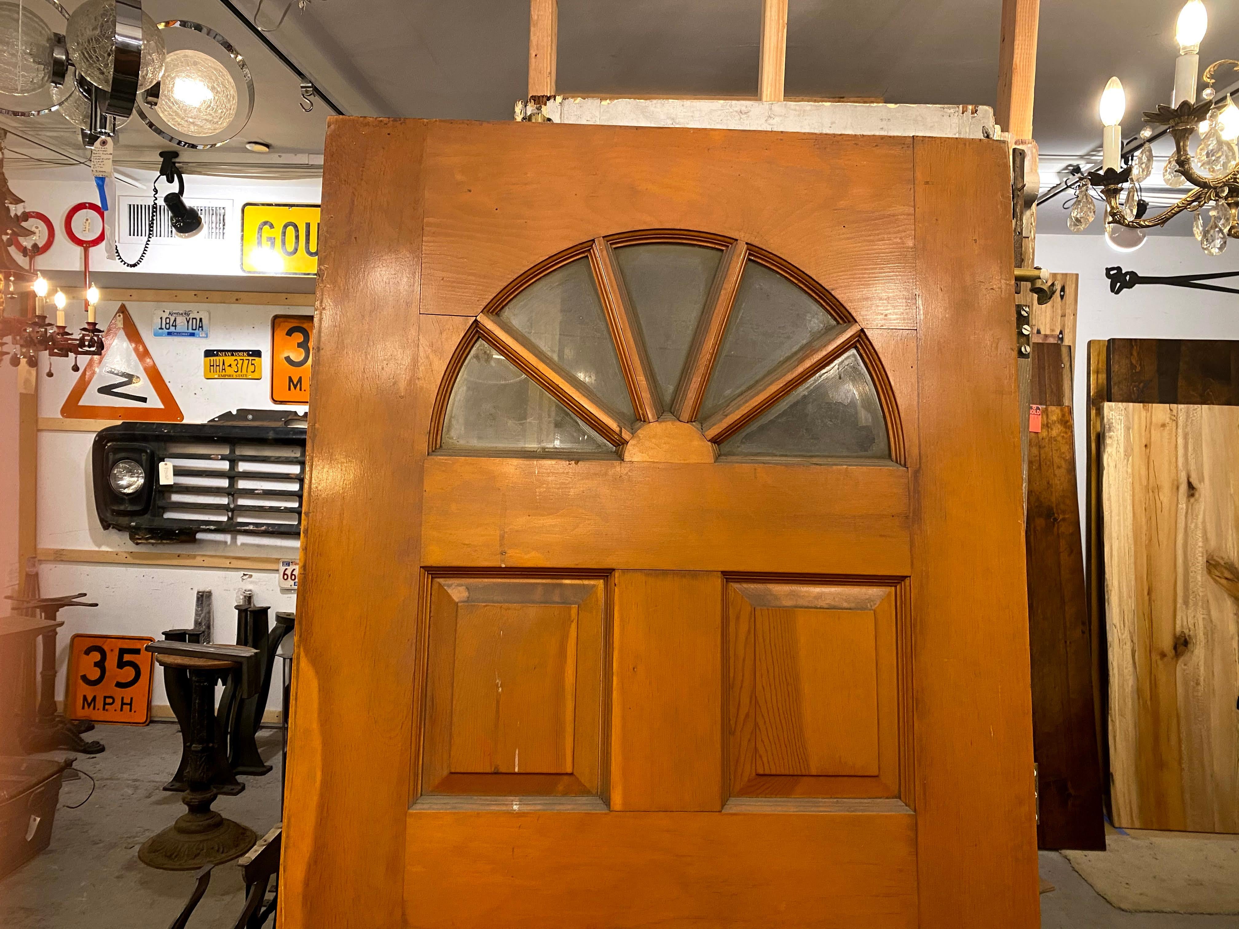 Mid-20th Century 1930s Medium Tone Entry Door with Fan Shaped Glass Panes
