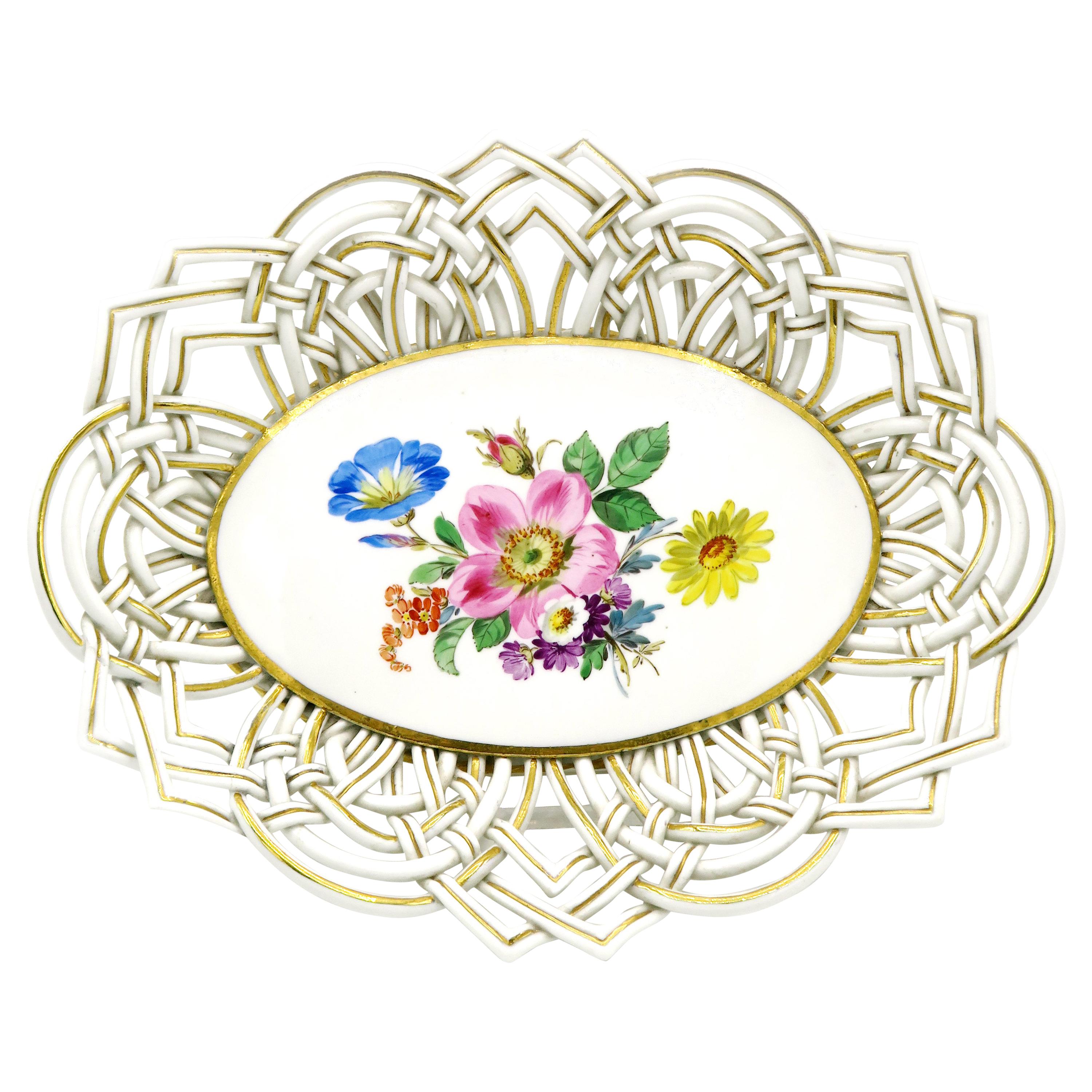 Ovaler Blumenkorb aus den 1930er Jahren von Meissner mit handgefertigter geflochtener Verzierung