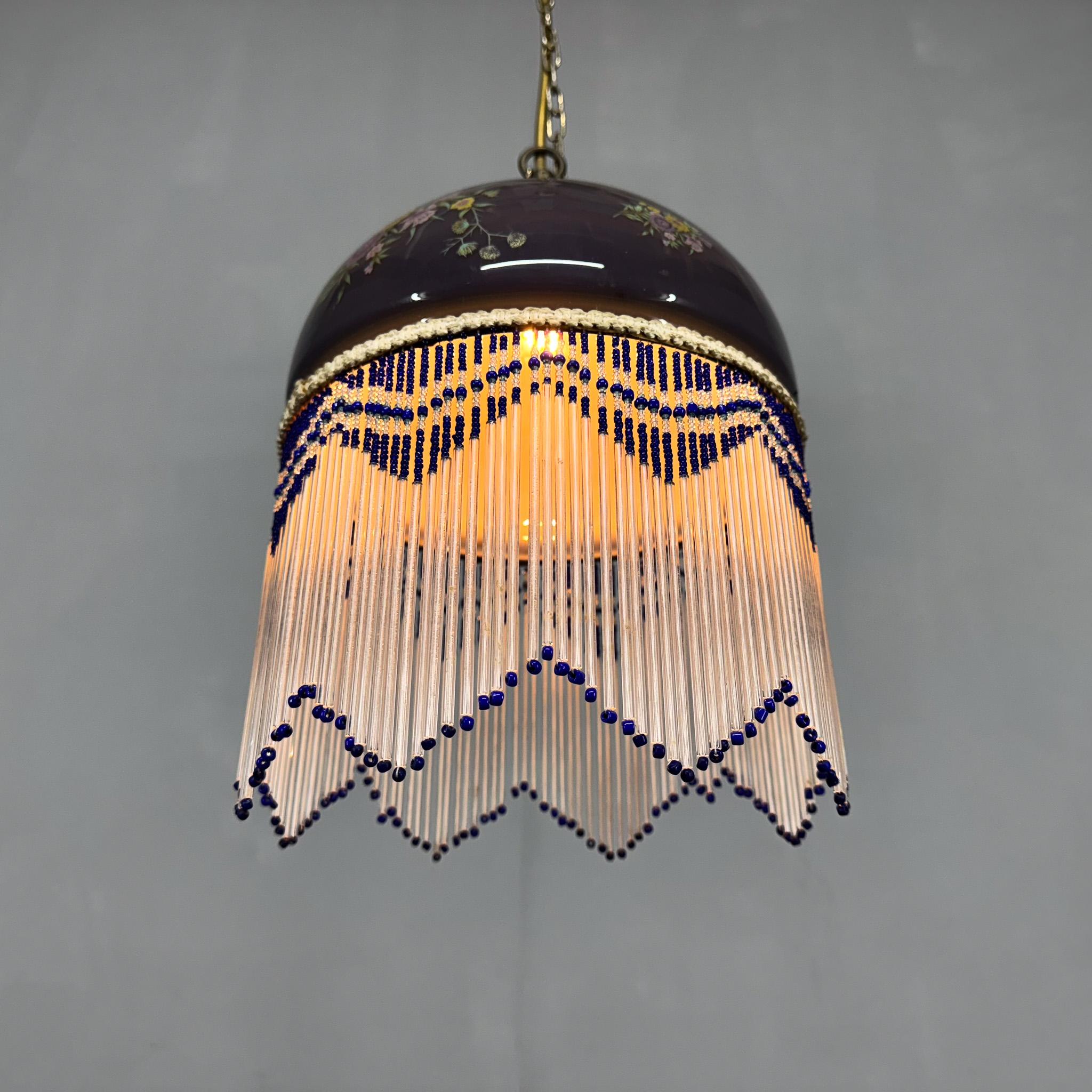 Art Deco 1930s Metal & Glass Fringe Pendant Light, France