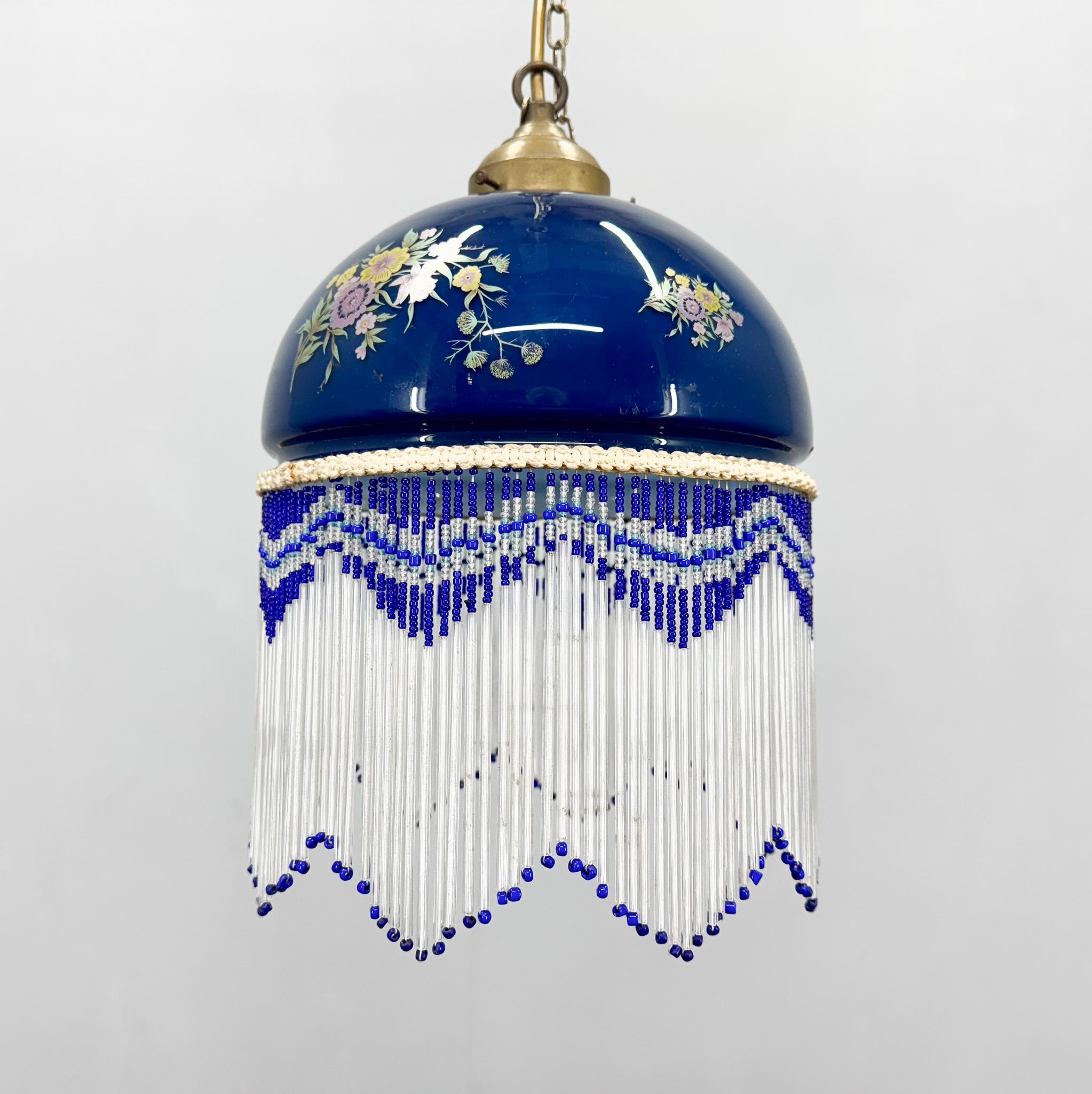 French 1930s Metal & Glass Fringe Pendant Light, France