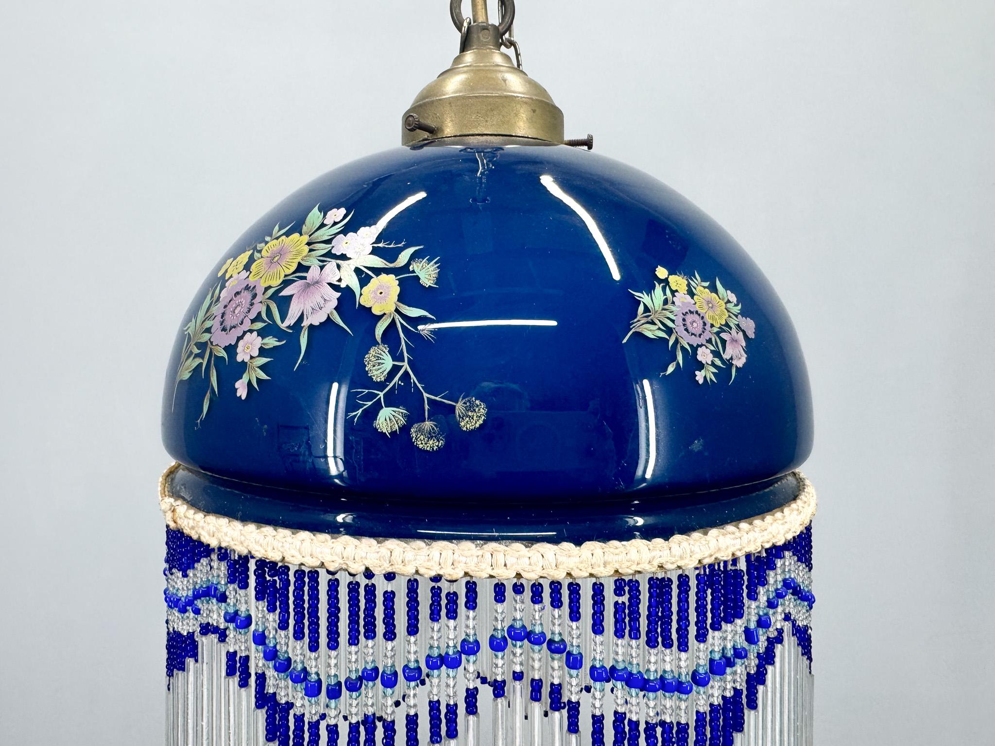 1930s Metal & Glass Fringe Pendant Light, France In Good Condition In Praha, CZ
