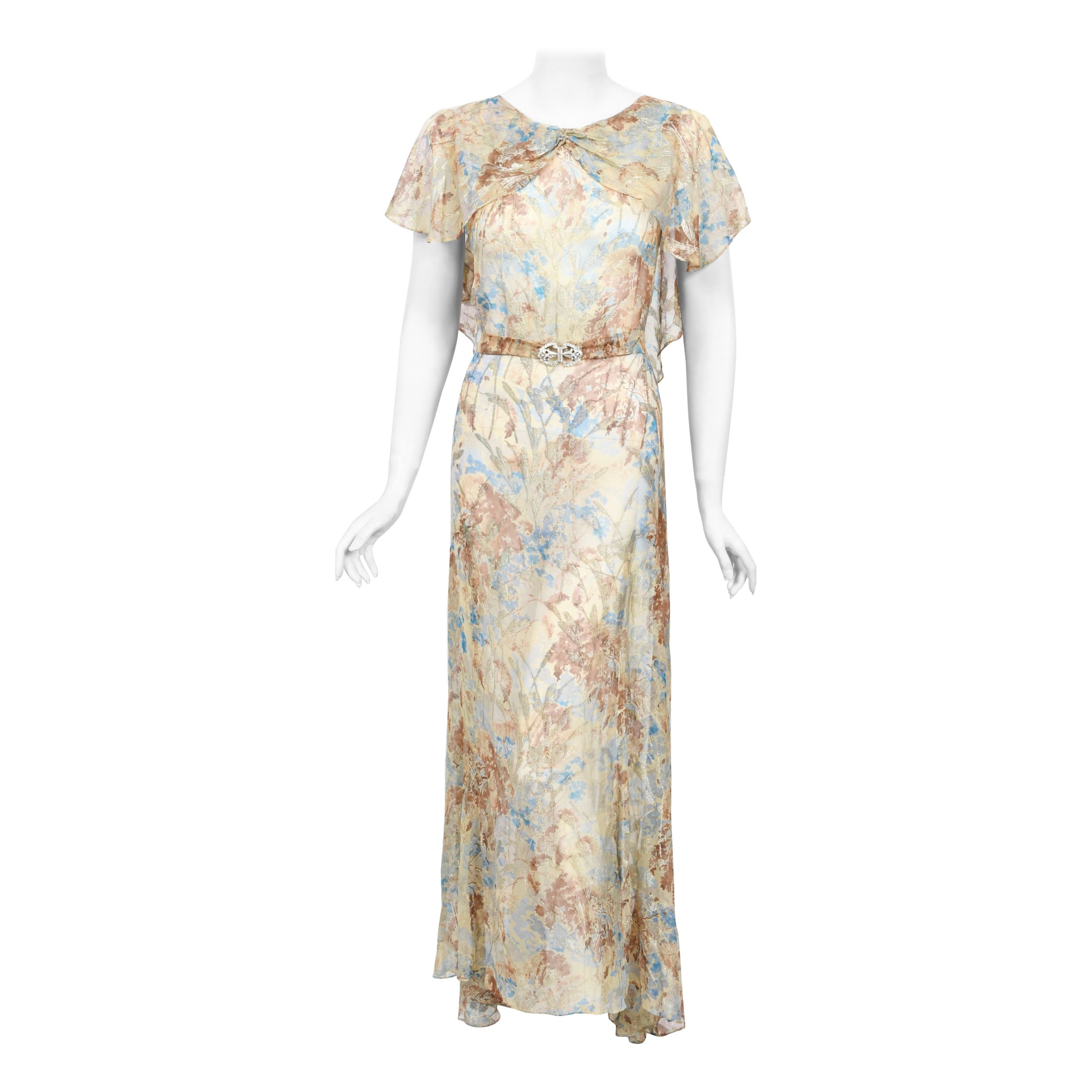 1930's Metallic Floral Semi-Sheer Lamé Silk Capelet Drape Belted Couture Gown For Sale