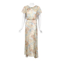 1930's Metallic Floral Semi-Sheer Lamé Silk Capelet Drape Belted Couture Gown