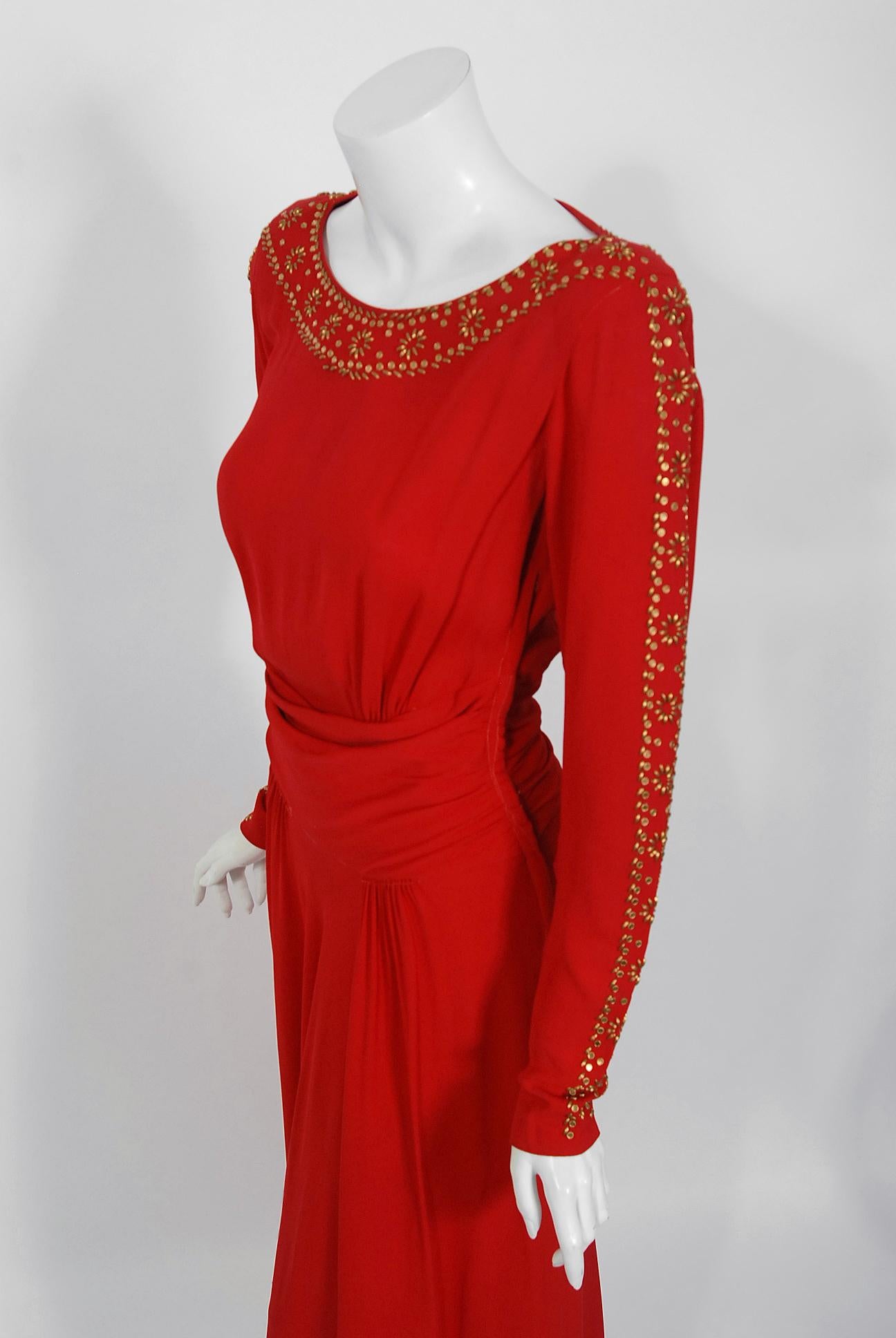 1930's Metallic Gold Studded Red Crepe Long-Sleeve Draped Couture Gown   In Good Condition In Beverly Hills, CA
