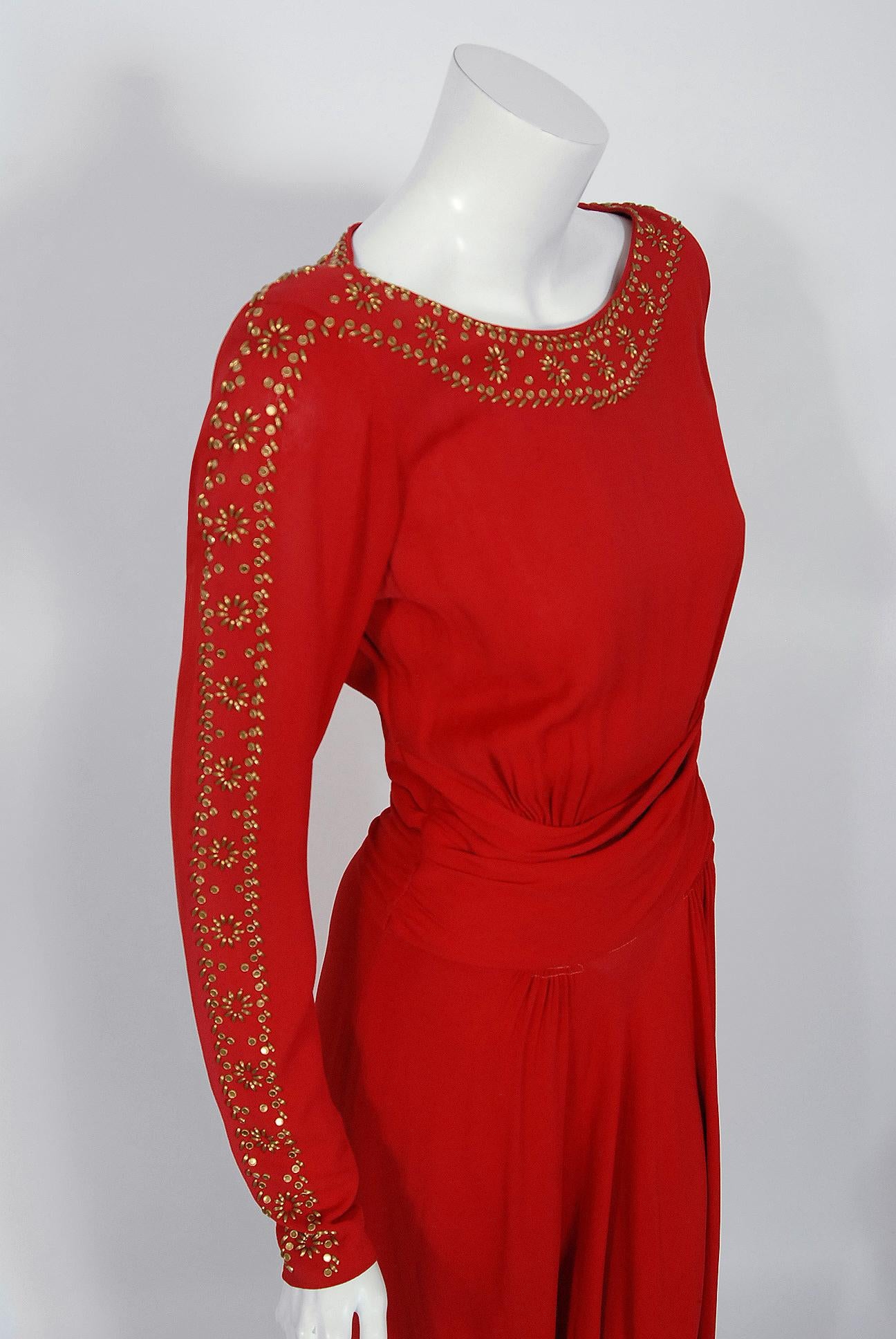 1930's Metallic Gold Studded Red Crepe Long-Sleeve Draped Couture Gown   1