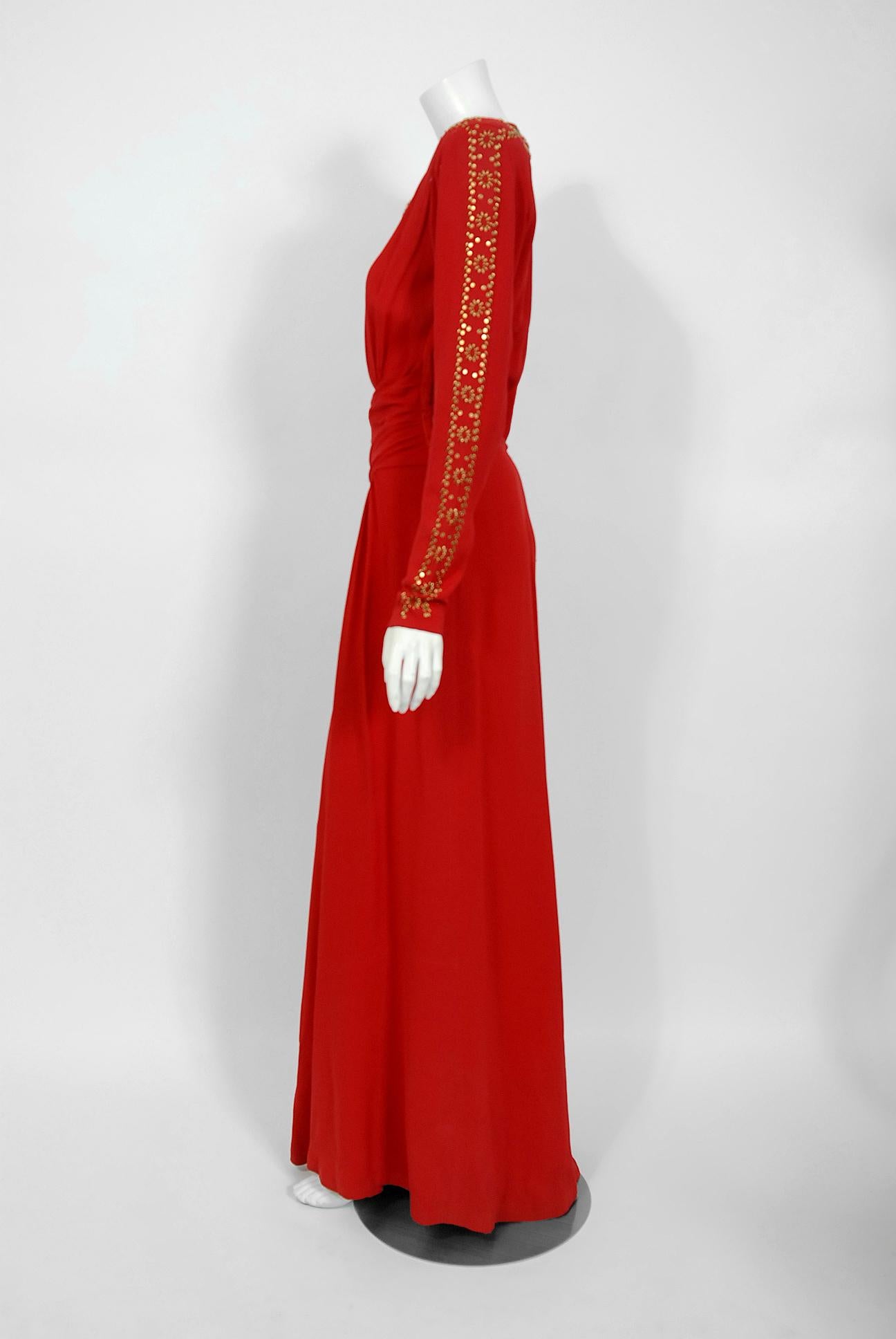 1930's Metallic Gold Studded Red Crepe Long-Sleeve Draped Couture Gown   2