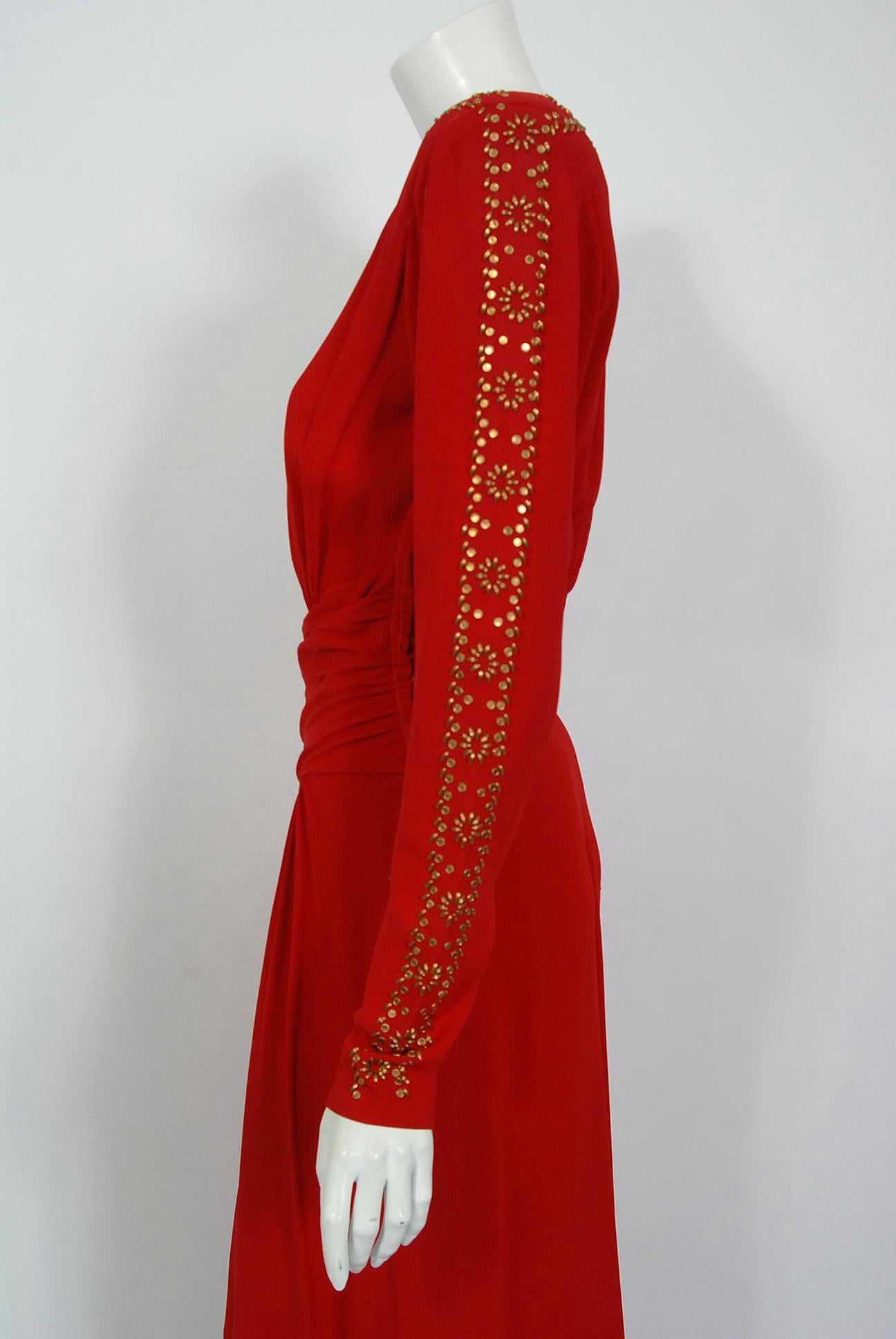 1930's Metallic Gold Studded Red Crepe Long-Sleeve Draped Couture Gown   3