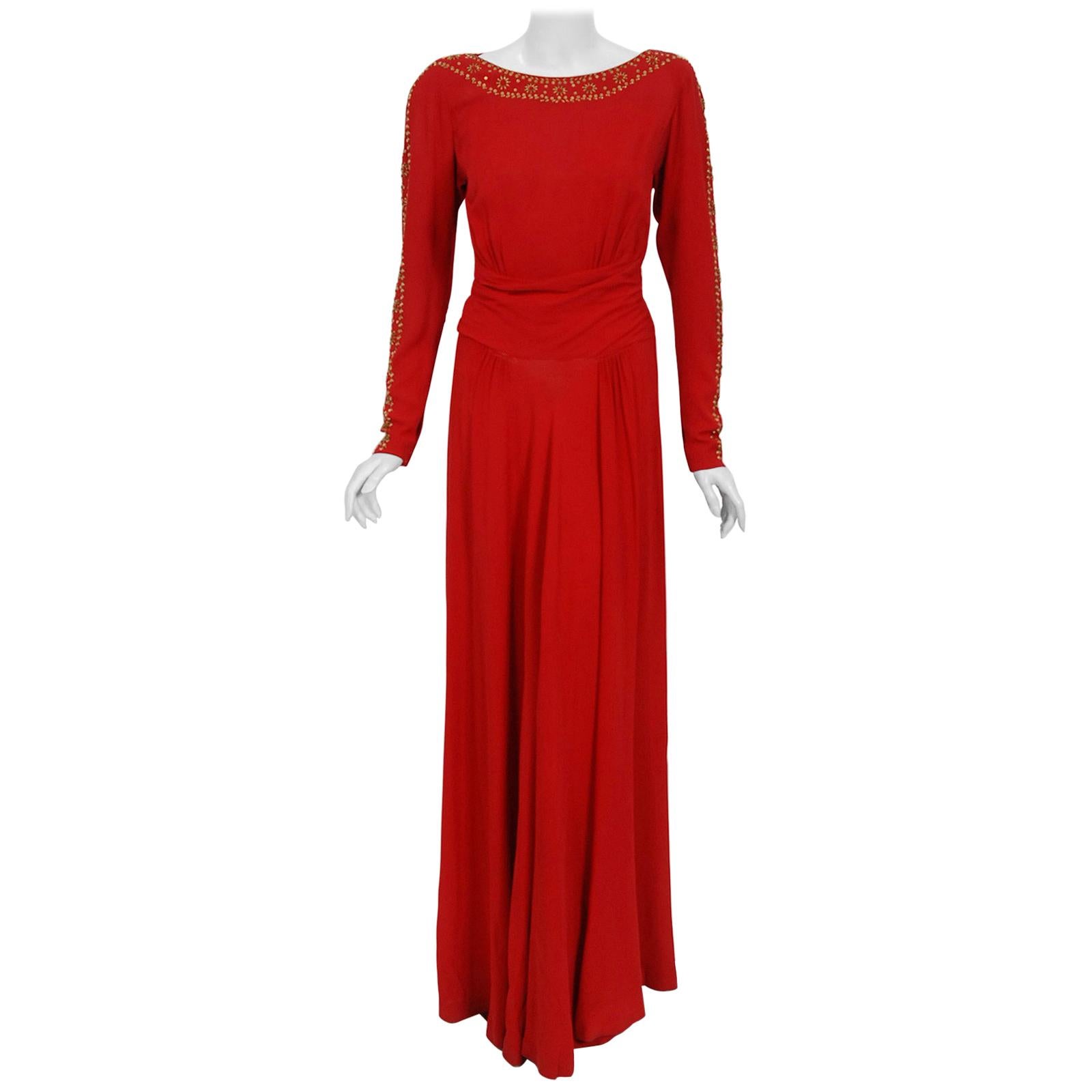 1930
s Metallic Gold Studded Red Crepe Long-Sleeve Draped Couture Gown