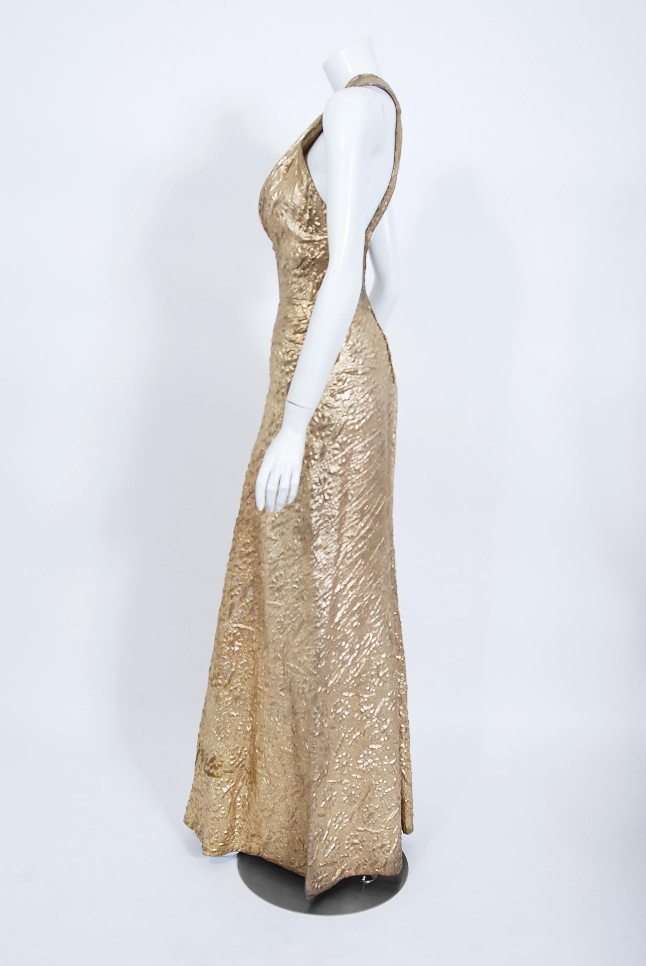 Brown Vintage 1930's Couture Metallic Gold Textured Lamé Backless Bias-Cut Gown