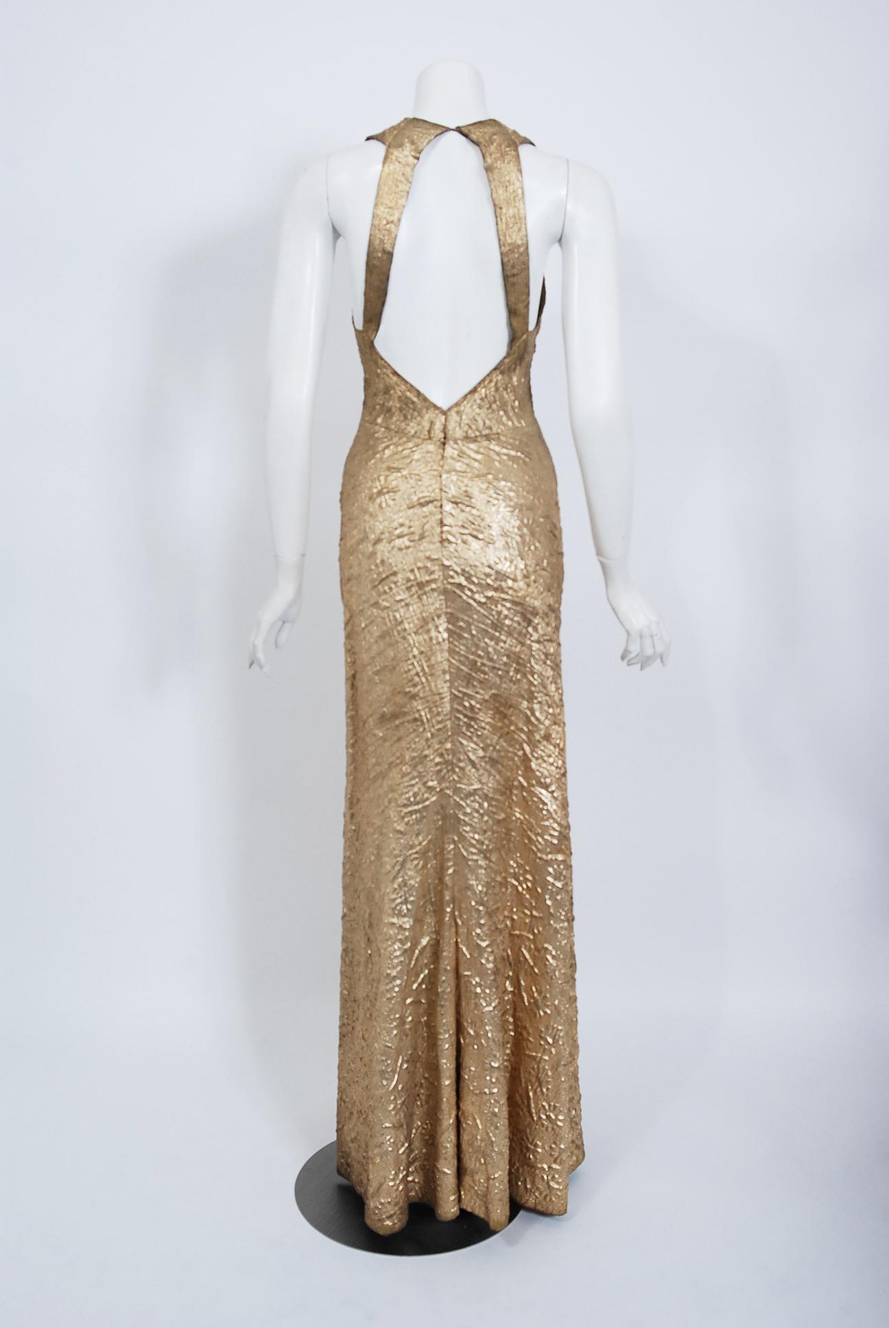 Vintage 1930's Couture Metallic Gold Textured Lamé Backless Bias-Cut Gown In Good Condition In Beverly Hills, CA
