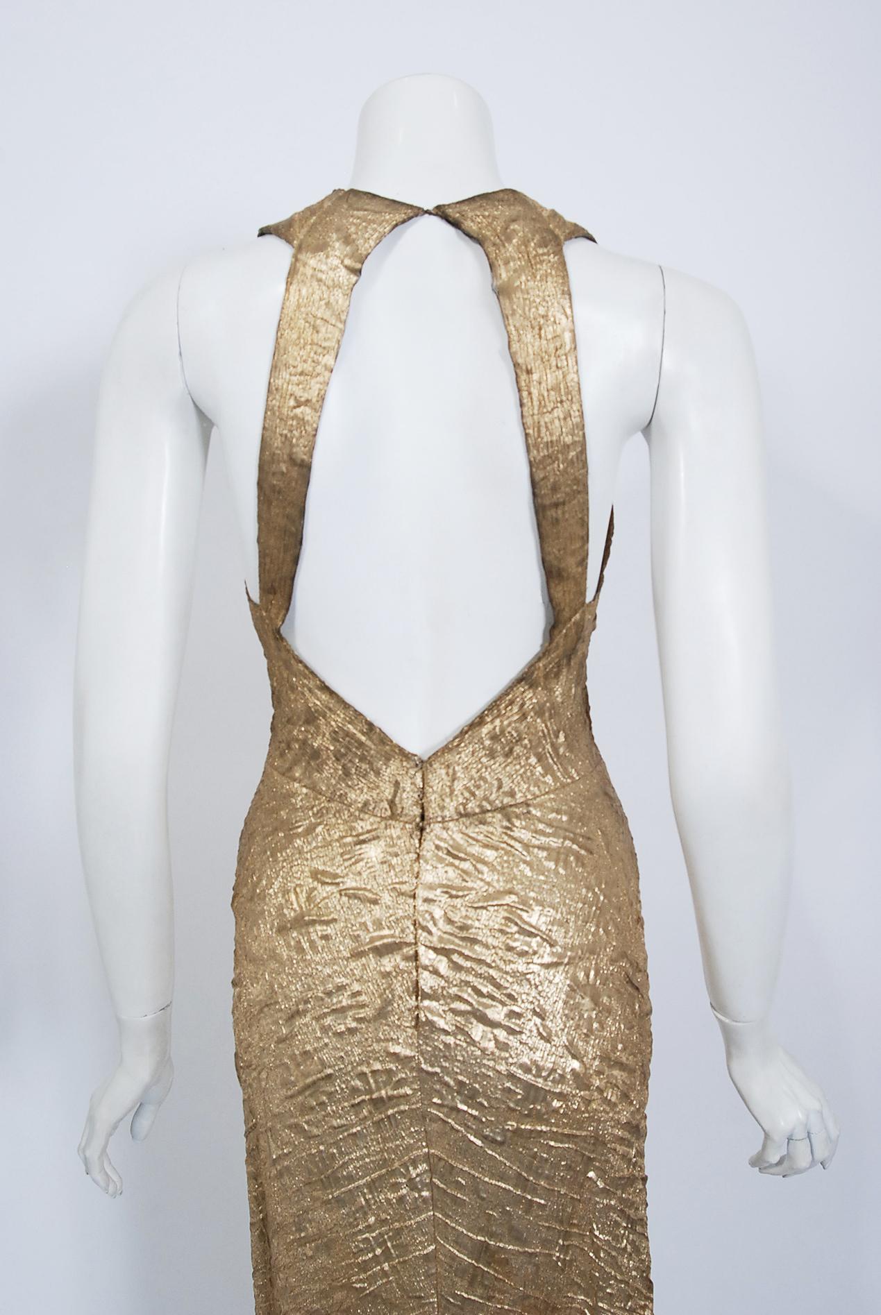 Women's Vintage 1930's Couture Metallic Gold Textured Lamé Backless Bias-Cut Gown