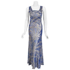 1930's Metallic Peacock Print Novelty Blue Lamé Ruched Bias-Cut Evening Gown