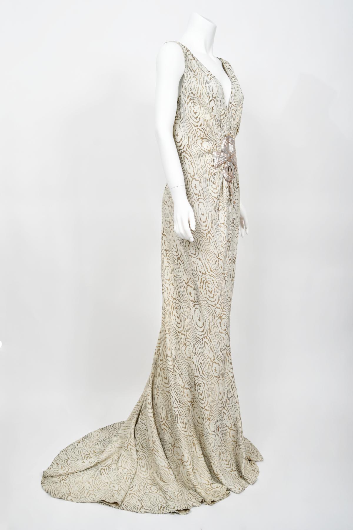 1930's Metallic Wood-Patterned Lamé Deco Appliqué Bias-Cut Trained Bridal Gown  6