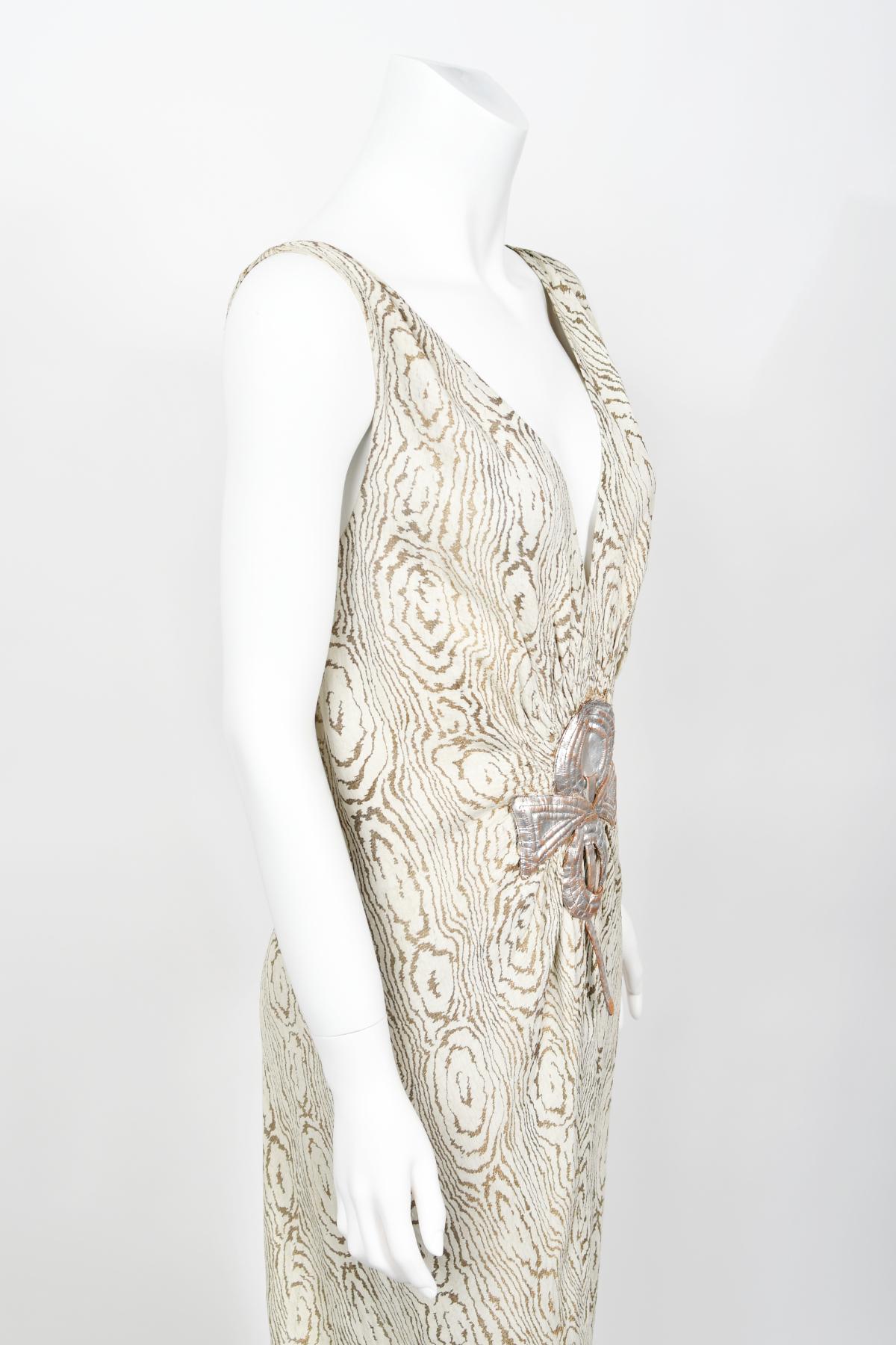 1930's Metallic Wood-Patterned Lamé Deco Appliqué Bias-Cut Trained Bridal Gown  7