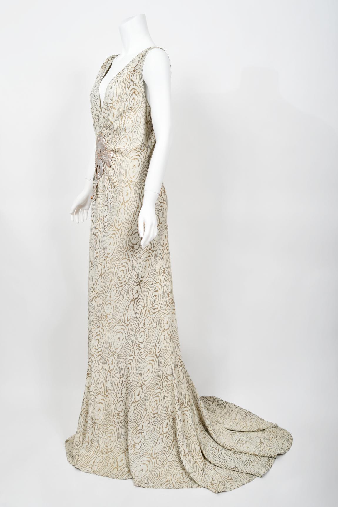 1930's Metallic Wood-Patterned Lamé Deco Appliqué Bias-Cut Trained Bridal Gown  9
