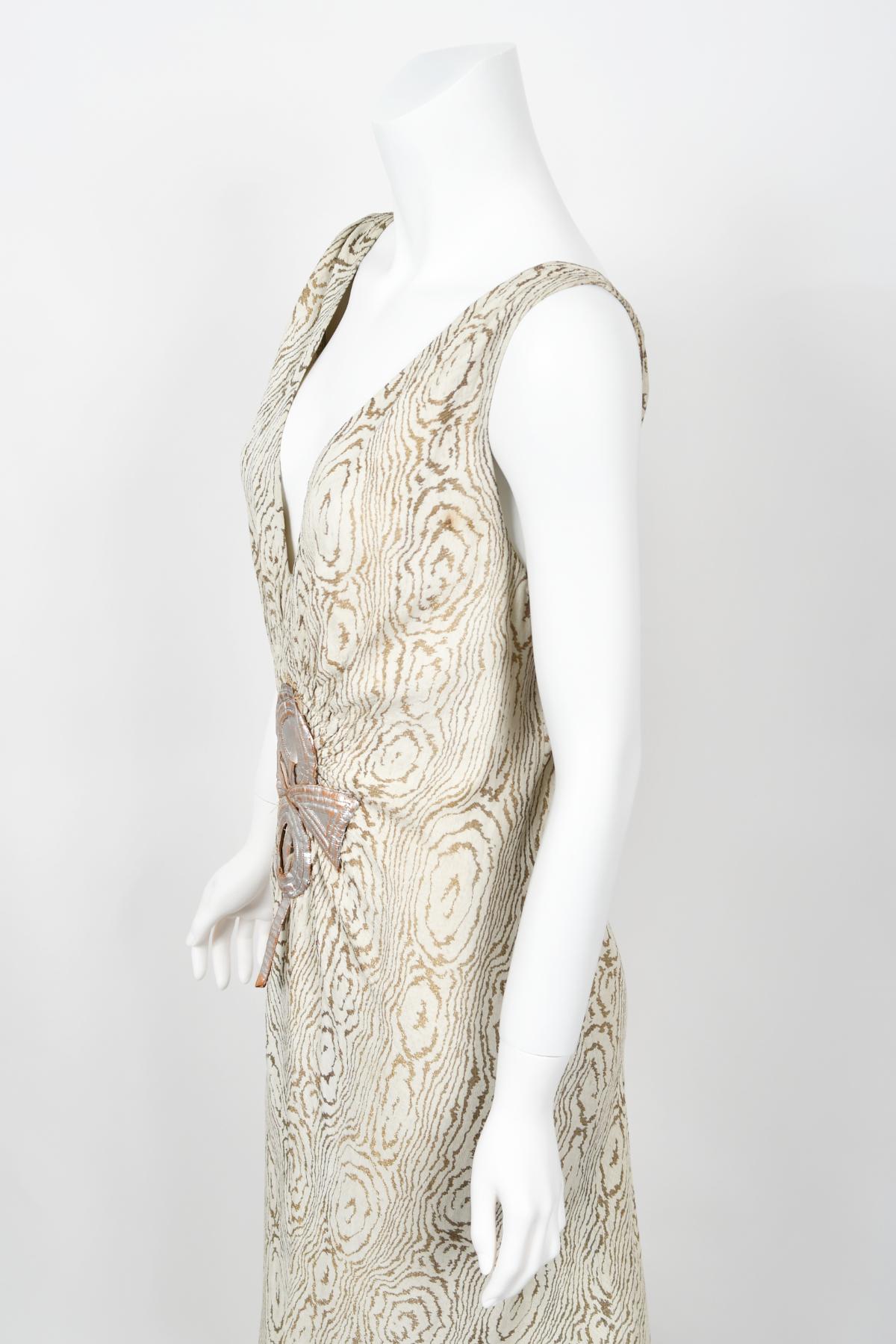 1930's Metallic Wood-Patterned Lamé Deco Appliqué Bias-Cut Trained Bridal Gown  10