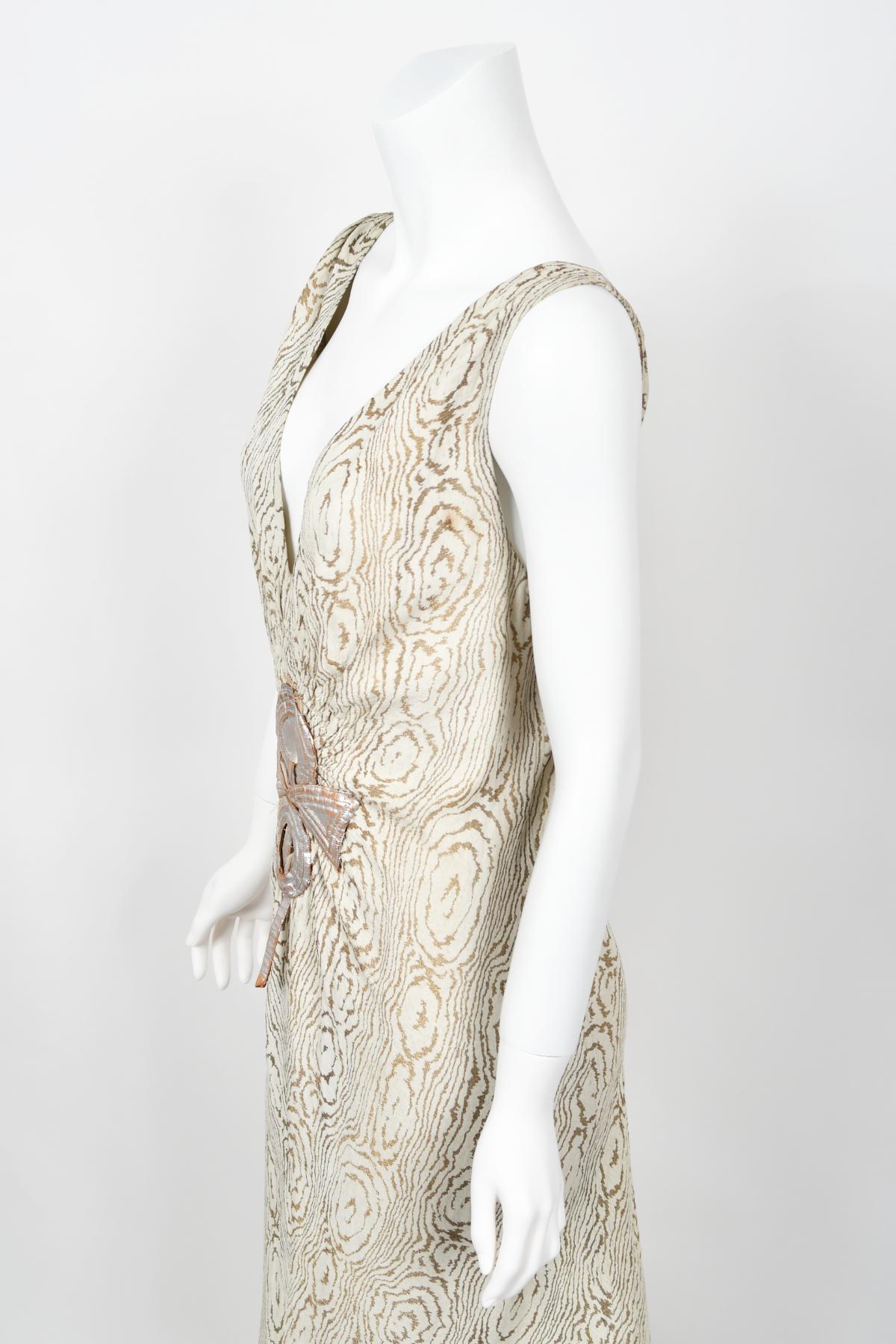1930's Metallic Wood-Patterned Lamé Deco Appliqué Bias-Cut Trained Bridal Gown 10