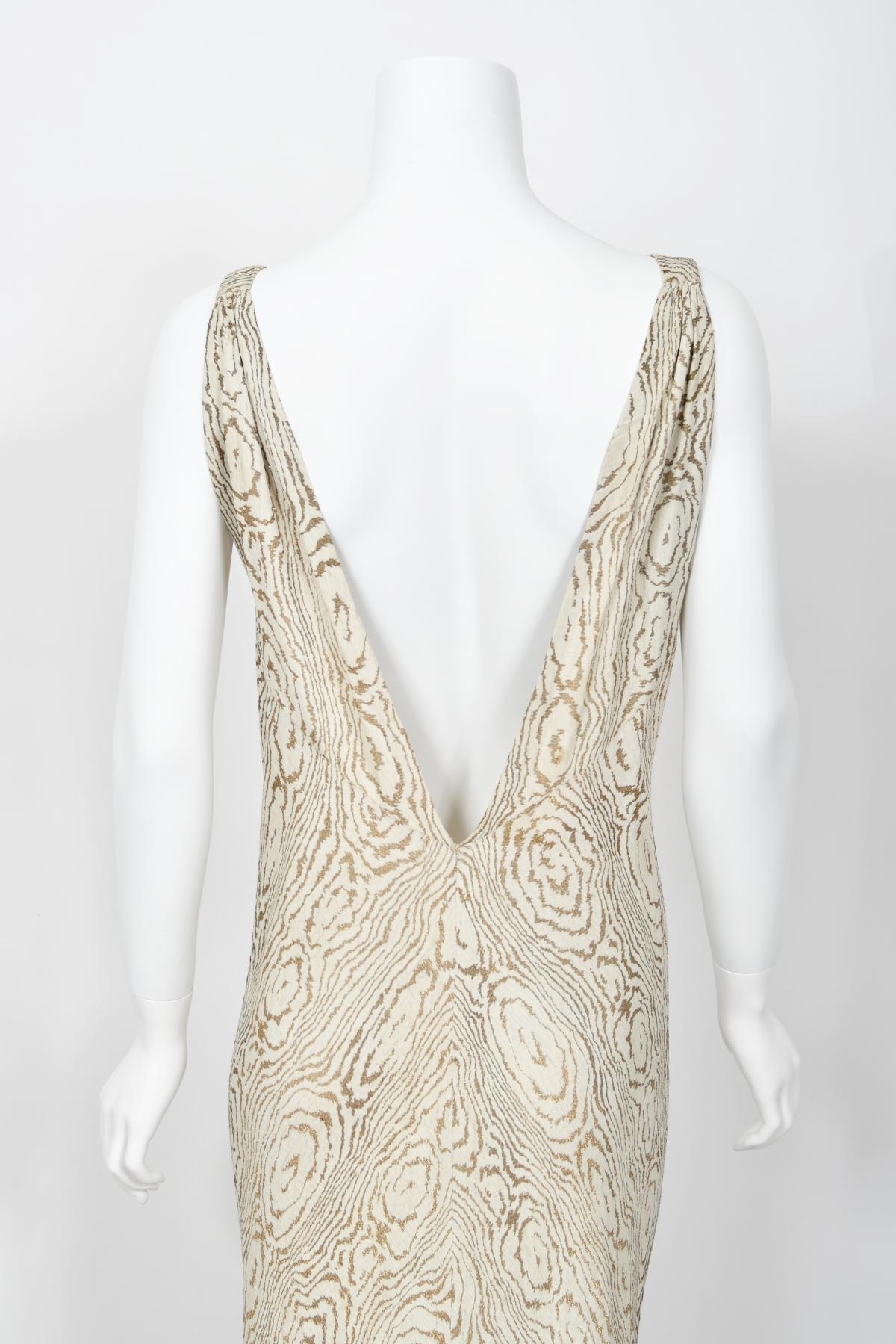 1930's Metallic Wood-Patterned Lamé Deco Appliqué Bias-Cut Trained Bridal Gown  12