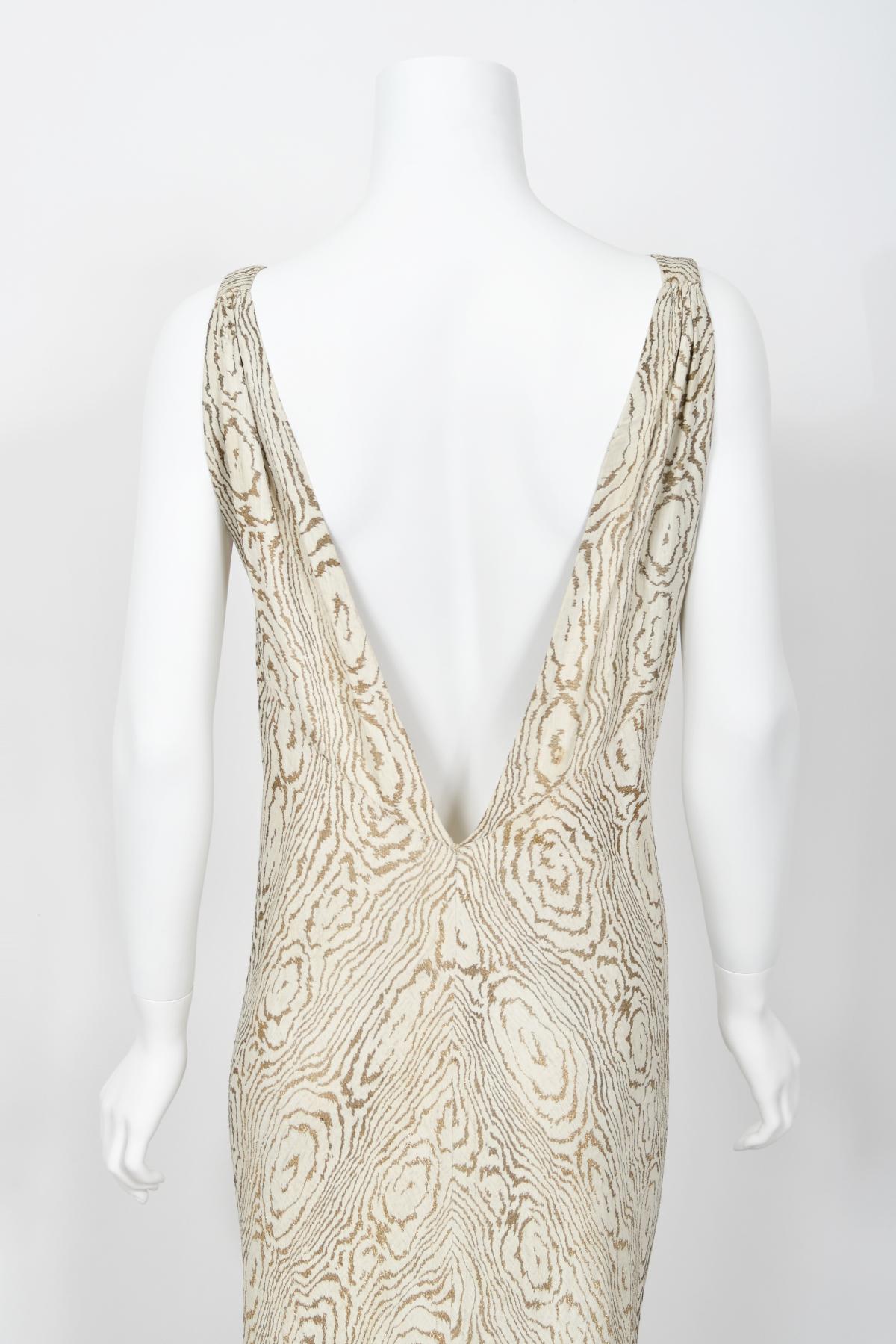 1930's Metallic Wood-Patterned Lamé Deco Appliqué Bias-Cut Trained Bridal Gown 12