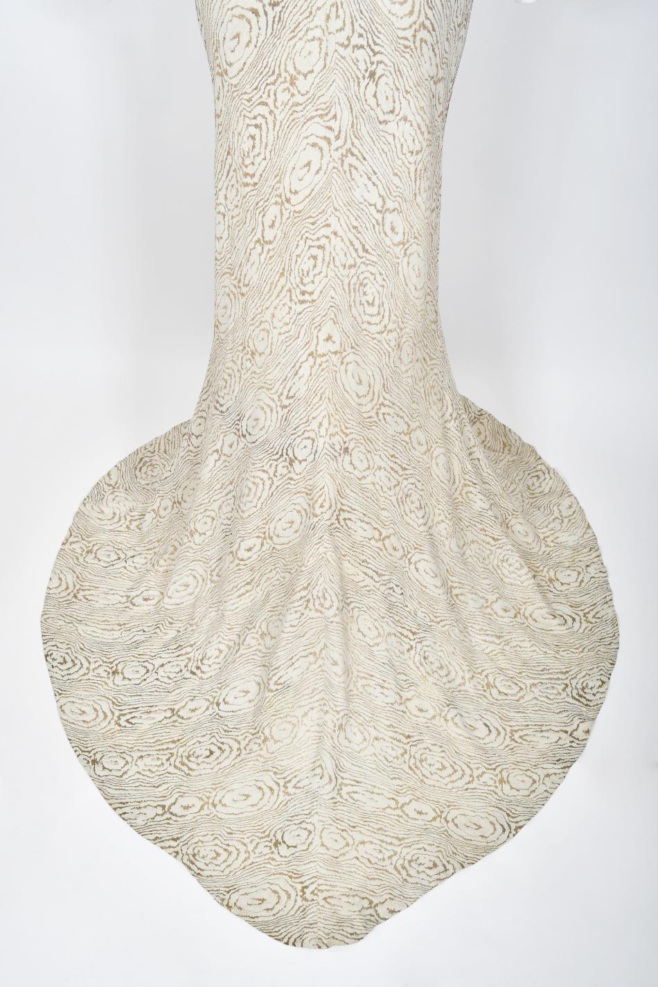 1930's Metallic Wood-Patterned Lamé Deco Appliqué Bias-Cut Trained Bridal Gown 13