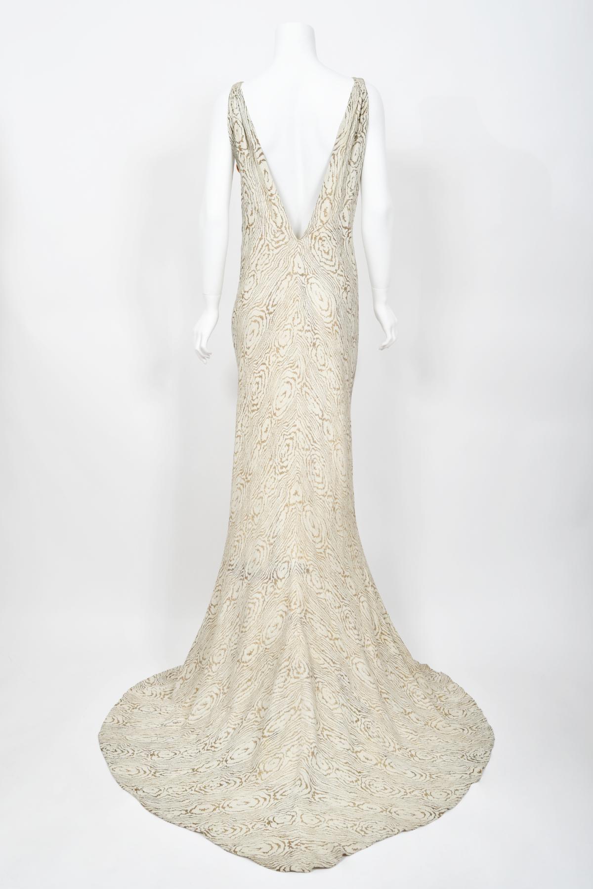 1930's Metallic Wood-Patterned Lamé Deco Appliqué Bias-Cut Trained Bridal Gown  14