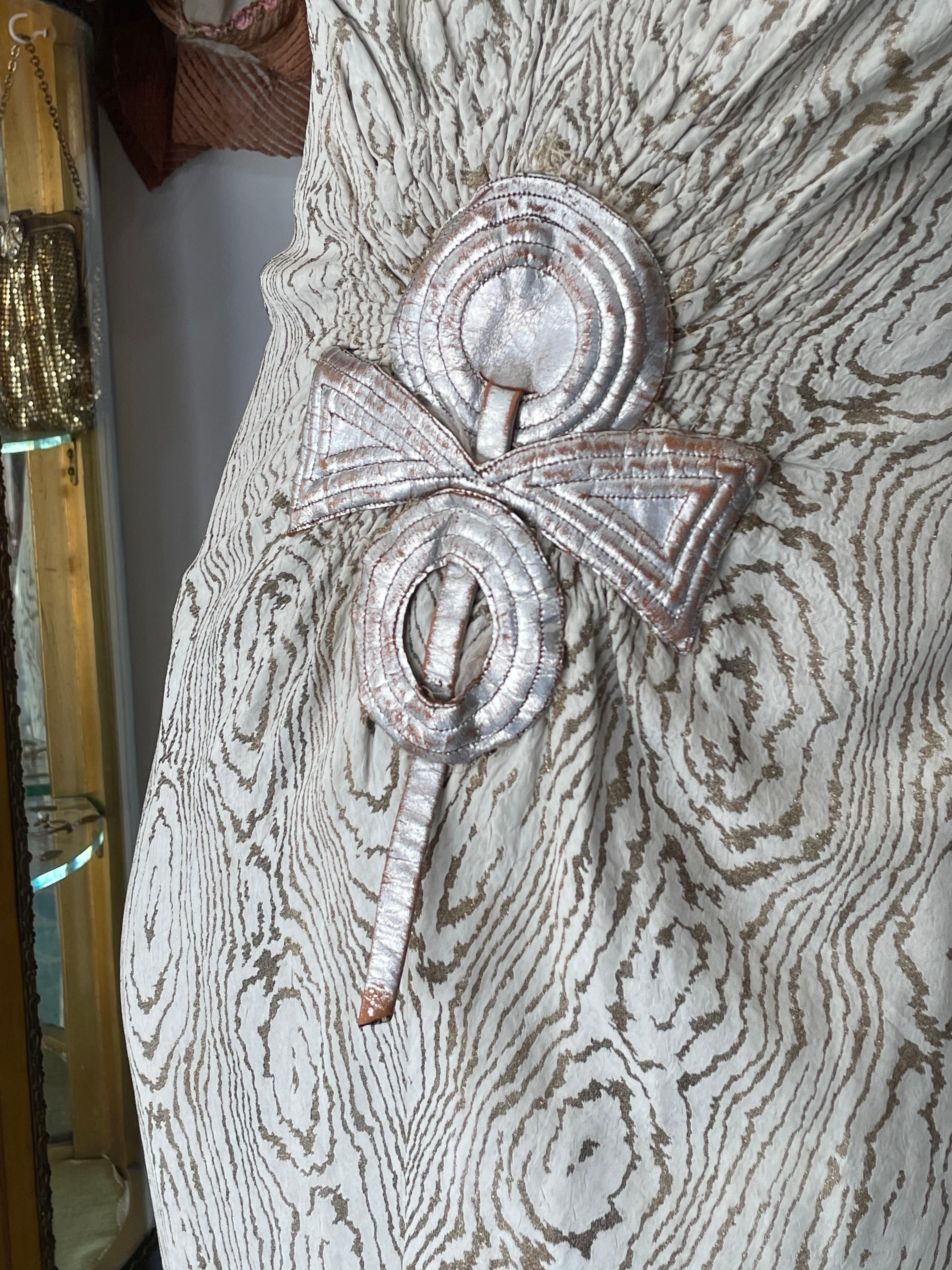 1930's Metallic Wood-Patterned Lamé Deco Appliqué Bias-Cut Trained Bridal Gown  1