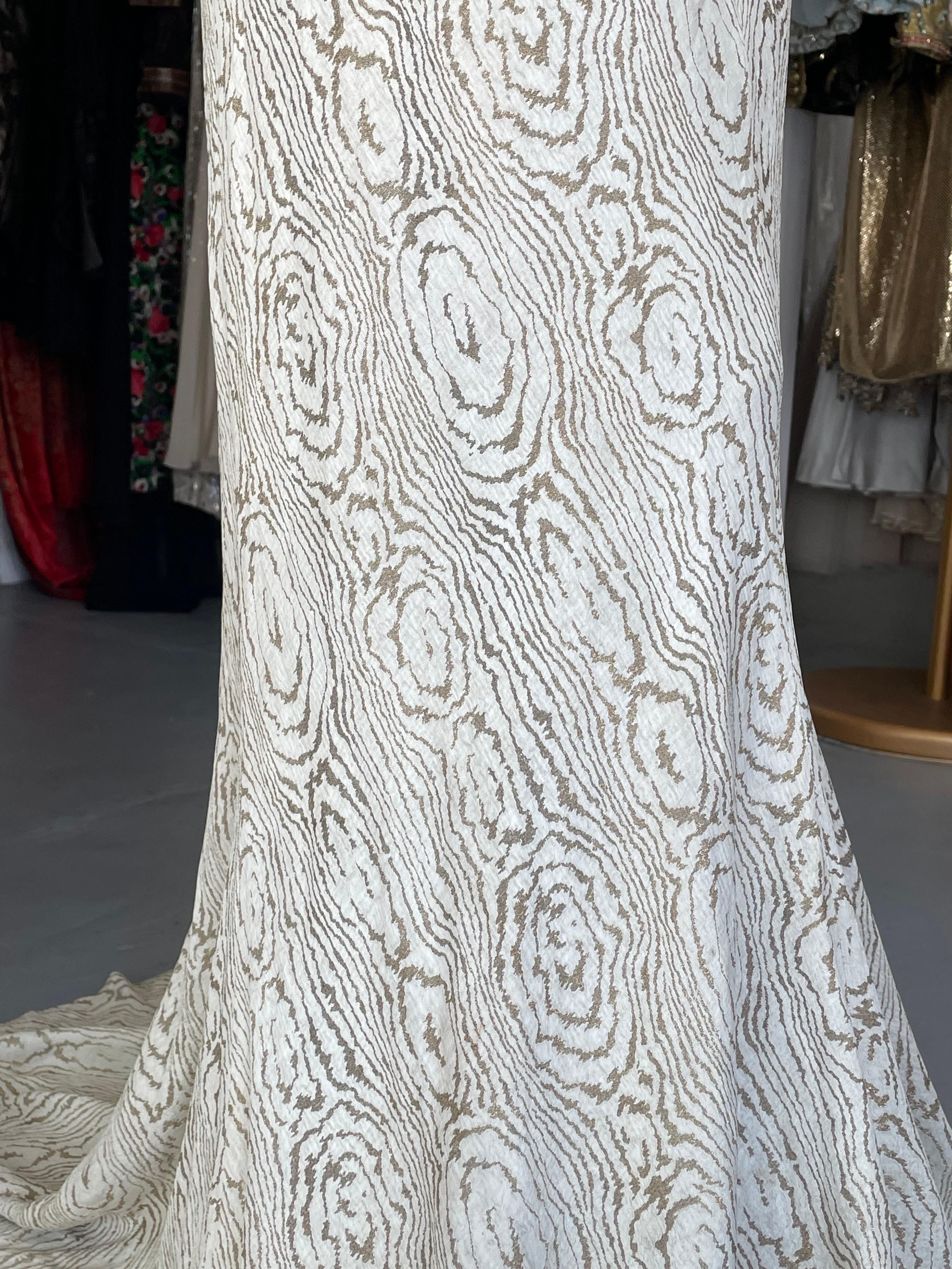 1930's Metallic Wood-Patterned Lamé Deco Appliqué Bias-Cut Trained Bridal Gown  2