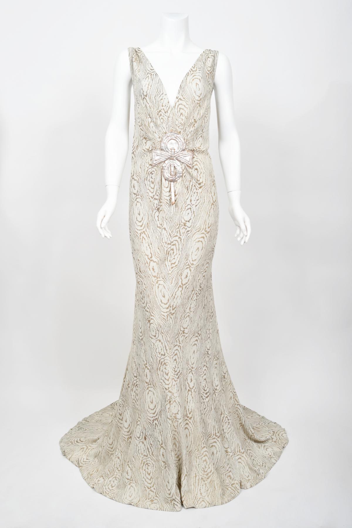 1930's Metallic Wood-Patterned Lamé Deco Appliqué Bias-Cut Trained Bridal Gown 3