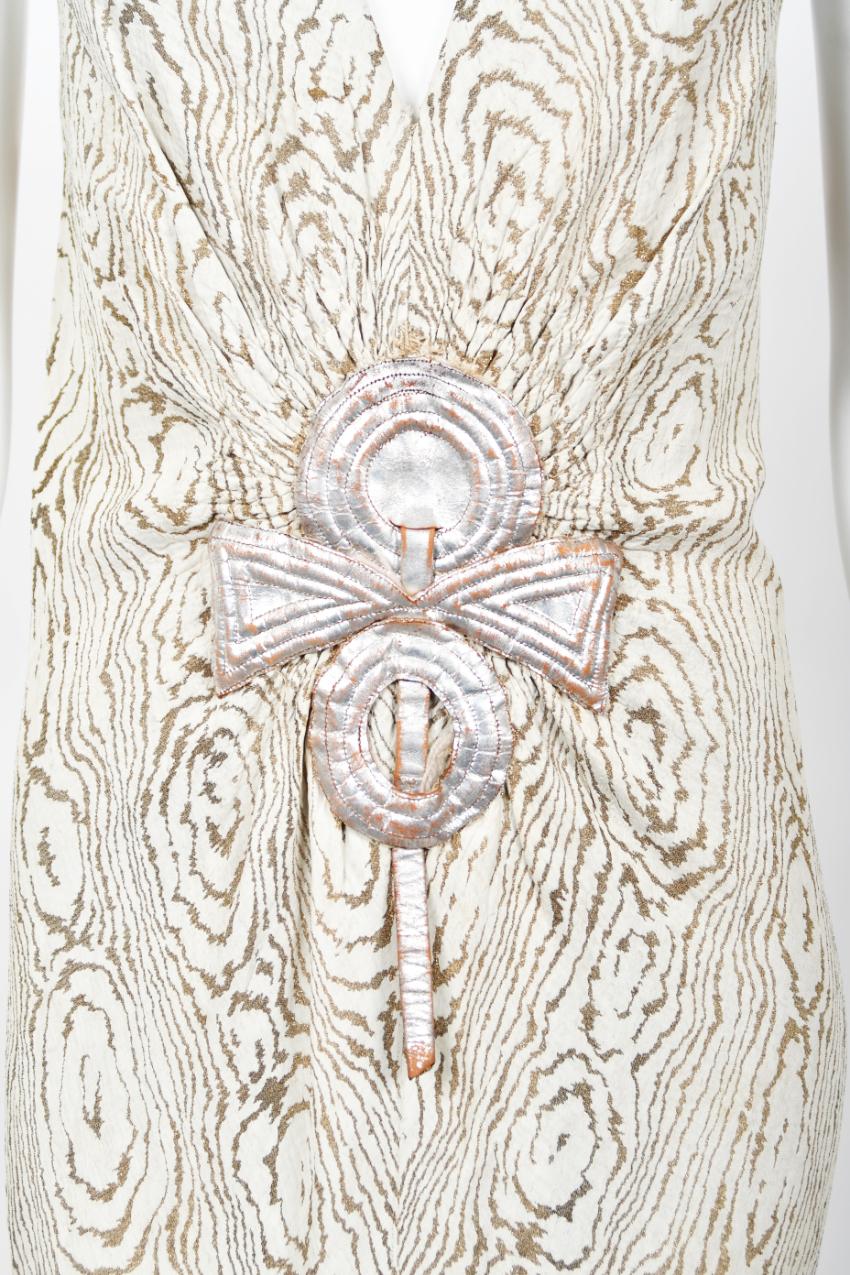 1930's Metallic Wood-Patterned Lamé Deco Appliqué Bias-Cut Trained Bridal Gown  5
