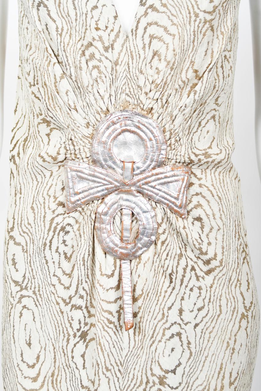1930's Metallic Wood-Patterned Lamé Deco Appliqué Bias-Cut Trained Bridal Gown 5