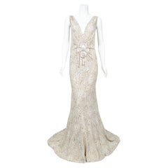 1930's Metallic Wood-Patterned Lamé Deco Appliqué Bias-Cut Trained Bridal Gown 